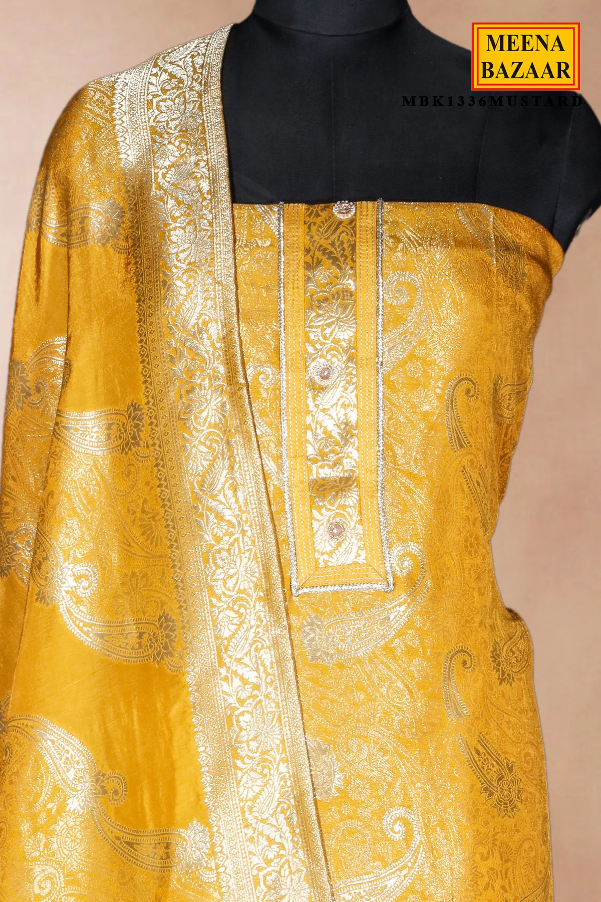 Mustard Brasso Unstitched Suit with Neck Embroidery - Image 4