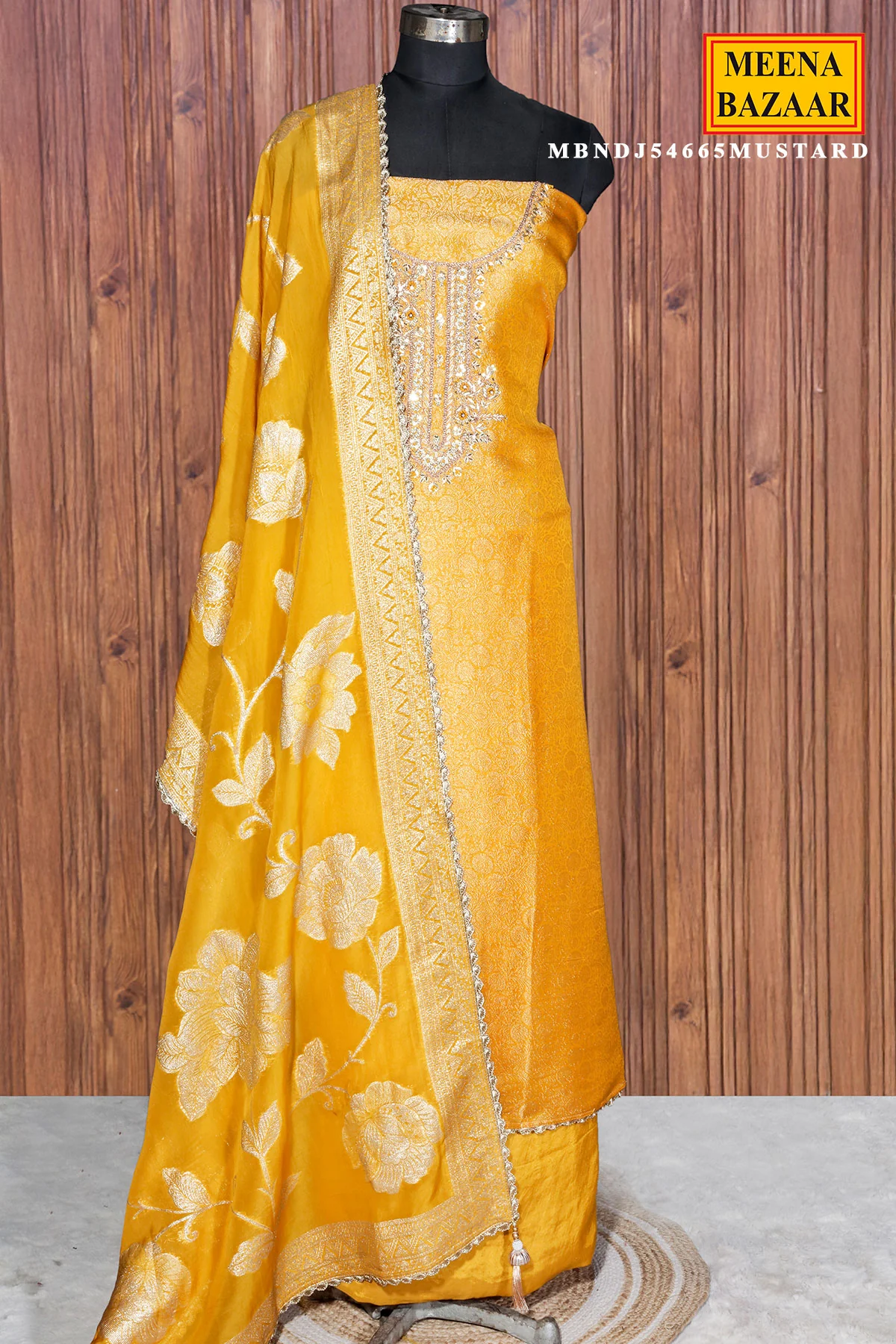 Mustard Brocade Unstitched Suit with Neck Embroidery - Image 2