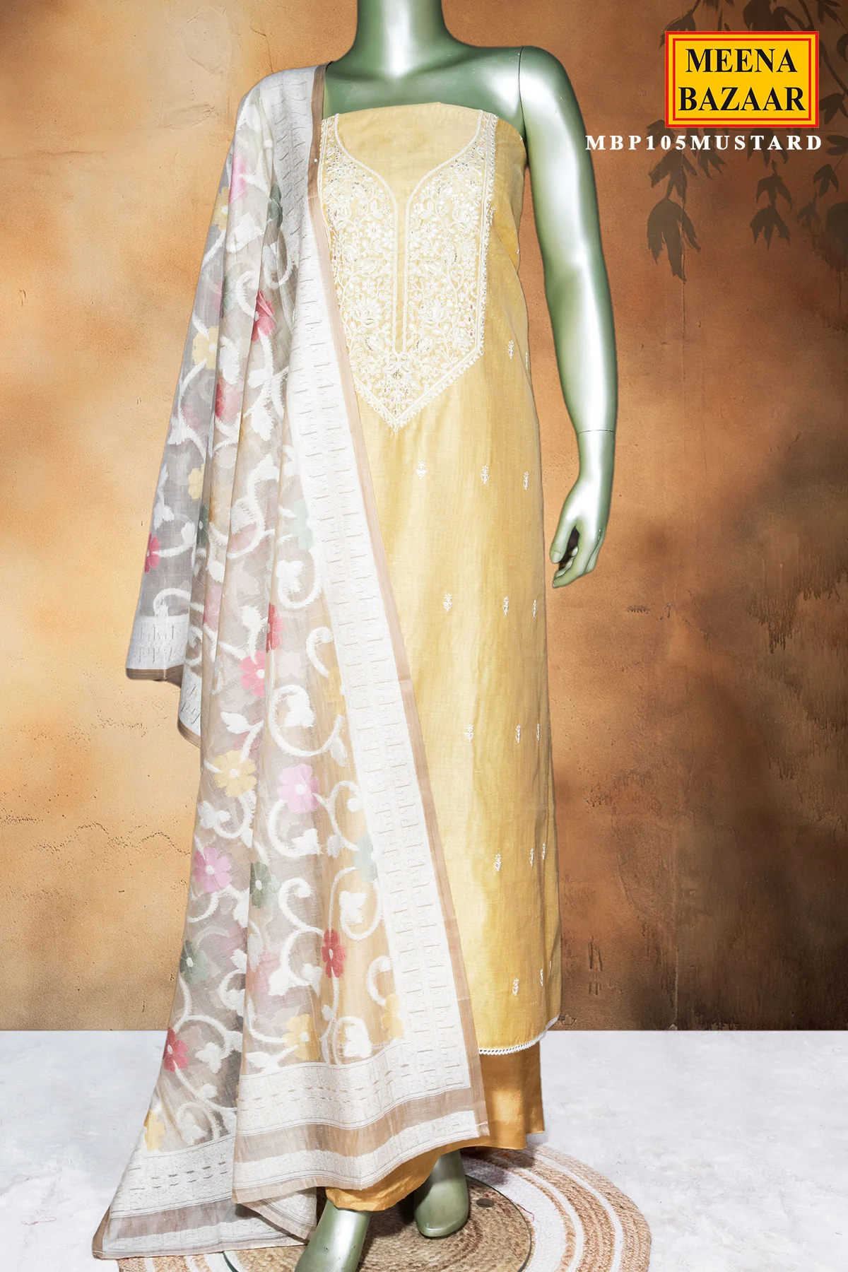Mustard Chanderi Embroidered Unstitched Suit Set - Image 2