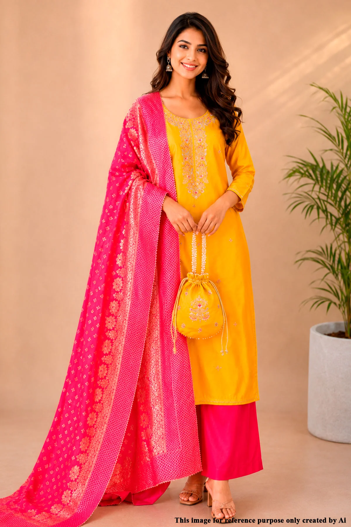 Mustard Chanderi Unstitched Suit Set With Printed Dupatta, Gotta Patti & Pouch