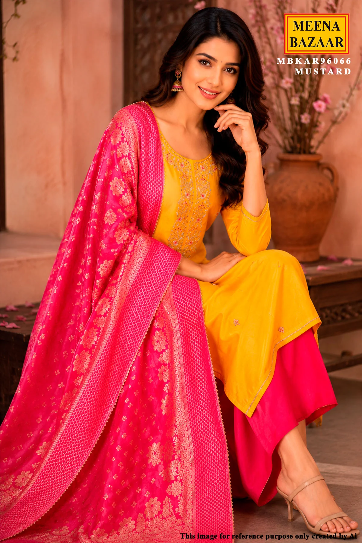 Mustard Chanderi Unstitched Suit Set With Printed Dupatta, Gotta Patti & Pouch - Image 2