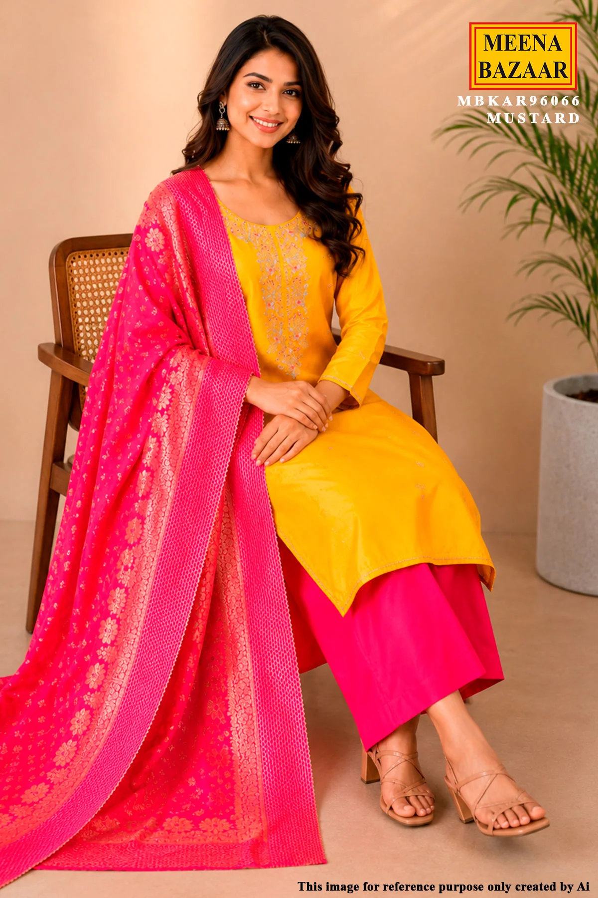 Mustard Chanderi Unstitched Suit Set With Printed Dupatta, Gotta Patti & Pouch - Image 3