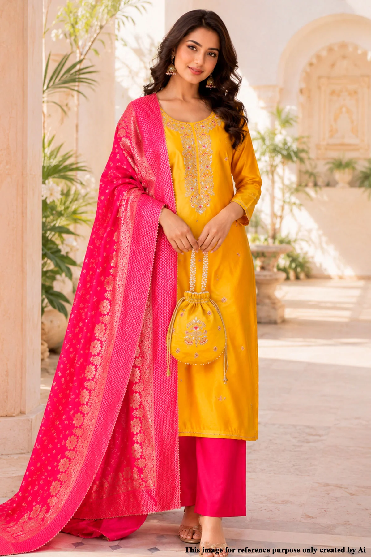 Mustard Chanderi Unstitched Suit Set With Printed Dupatta, Gotta Patti & Pouch - Image 4