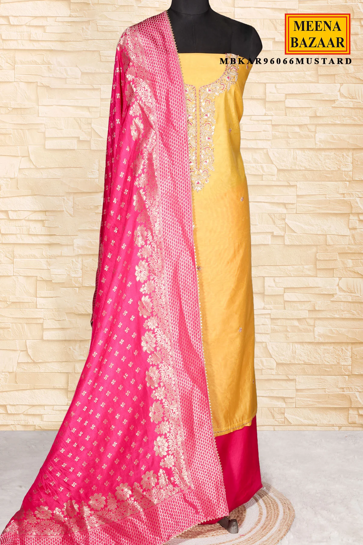 Mustard Chanderi Unstitched Suit Set With Printed Dupatta, Gotta Patti & Pouch - Image 5