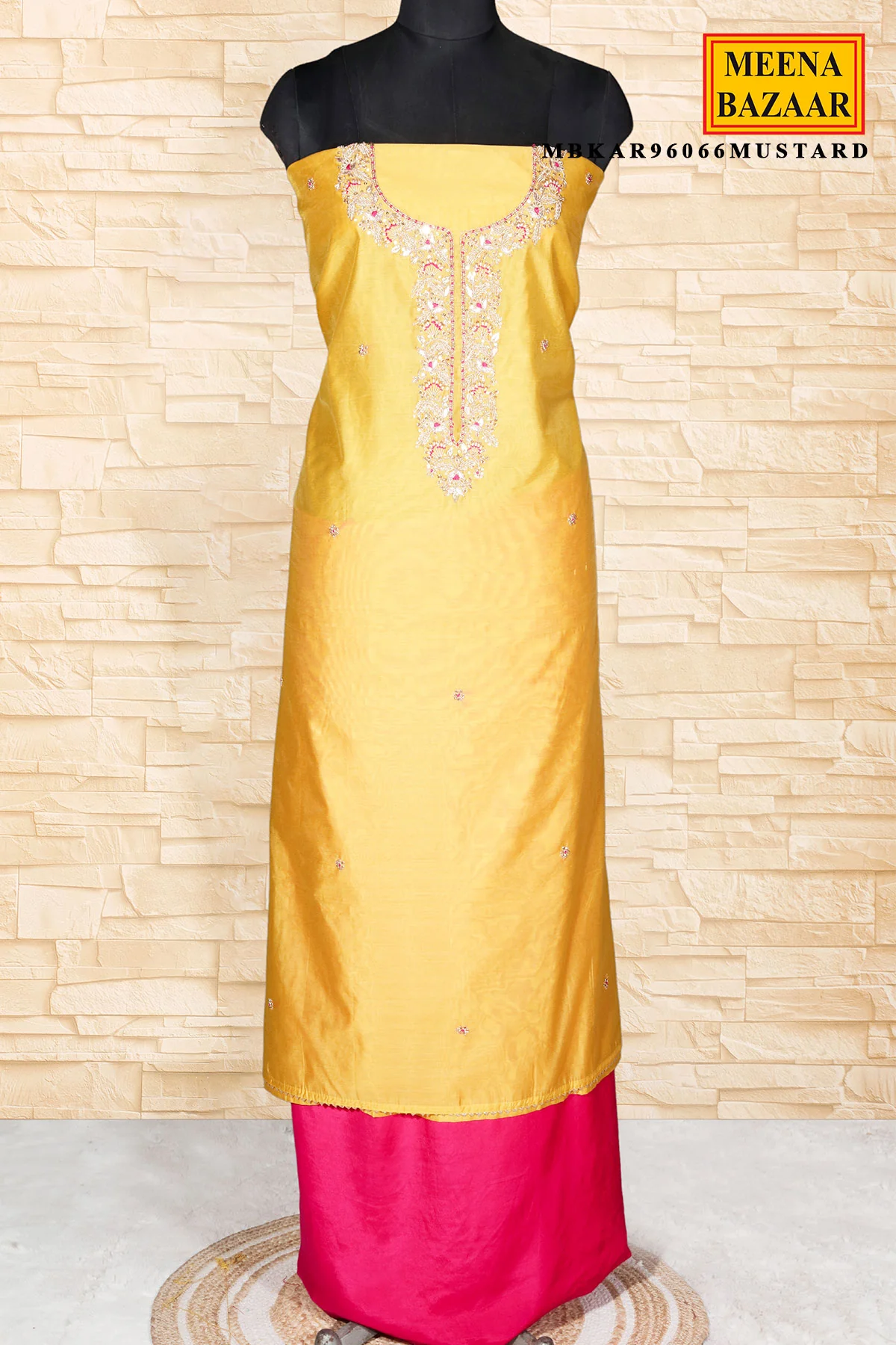 Mustard Chanderi Unstitched Suit Set With Printed Dupatta, Gotta Patti & Pouch - Image 6