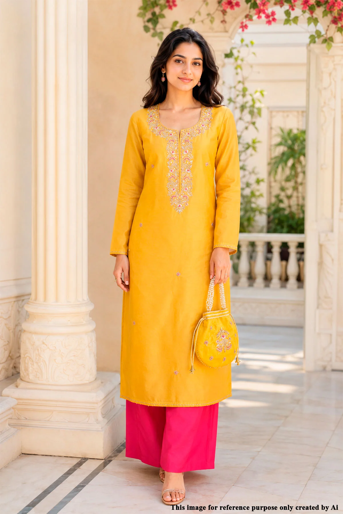 Mustard Chanderi Unstitched Suit Set With Printed Dupatta, Gotta Patti & Pouch - Image 7