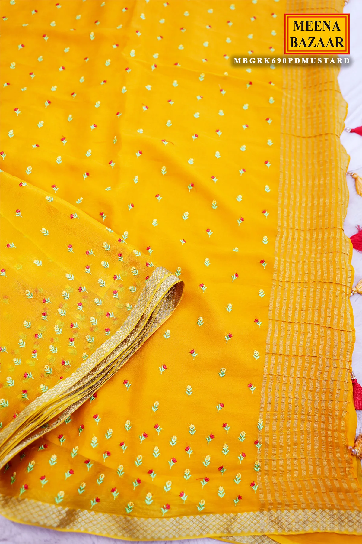 Mustard Chiffon Saree with Thread Embroidery – Elegant Festive & Party Wear Saree - Image 3