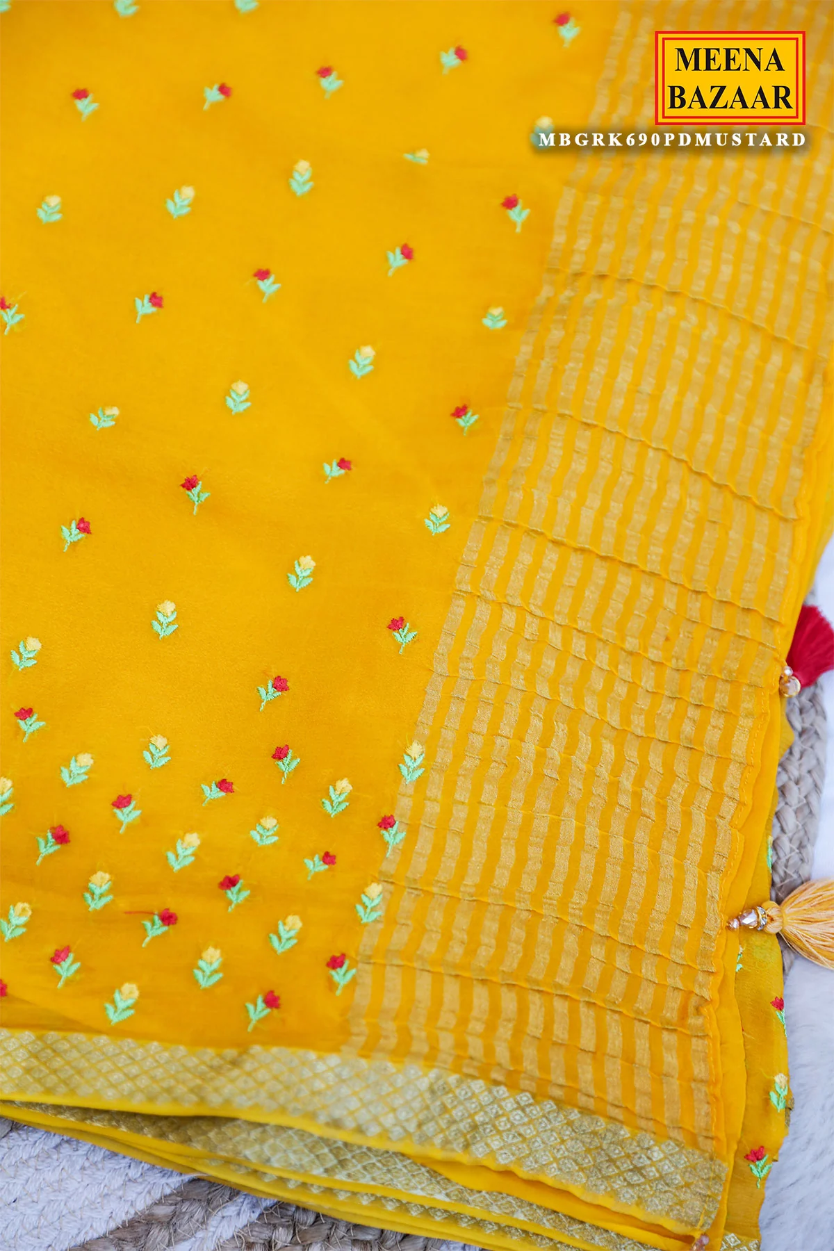 Mustard Chiffon Saree with Thread Embroidery – Elegant Festive & Party Wear Saree - Image 4