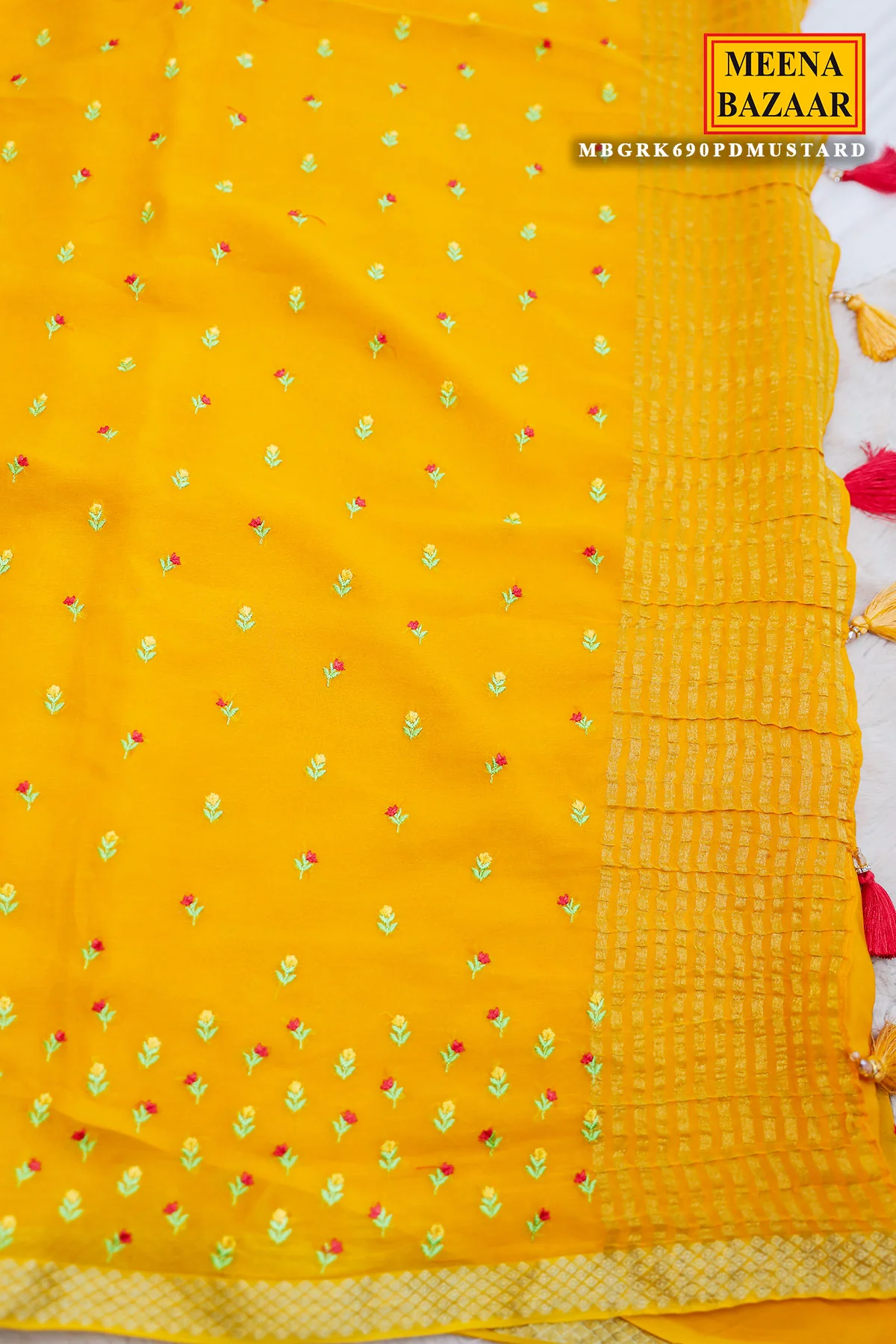 Mustard Chiffon Saree with Thread Embroidery – Elegant Festive & Party Wear Saree - Image 5