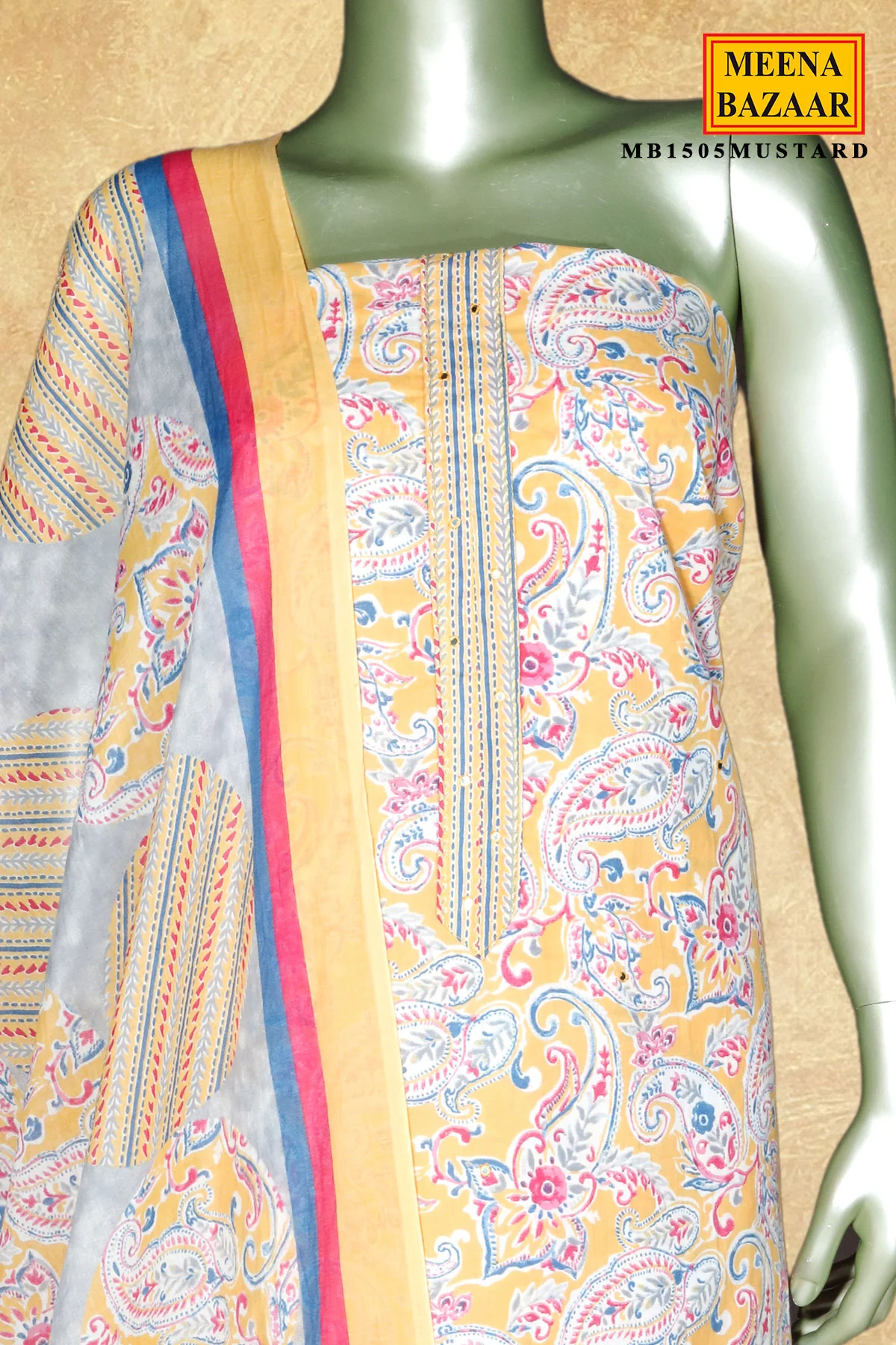 Mustard Cotton Embroidered Unstitched Suit - Image 4
