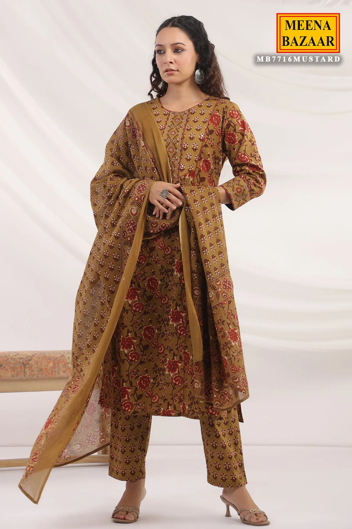 Mustard Cotton Ready Made Suit with Elegant Neck Design - Image 3