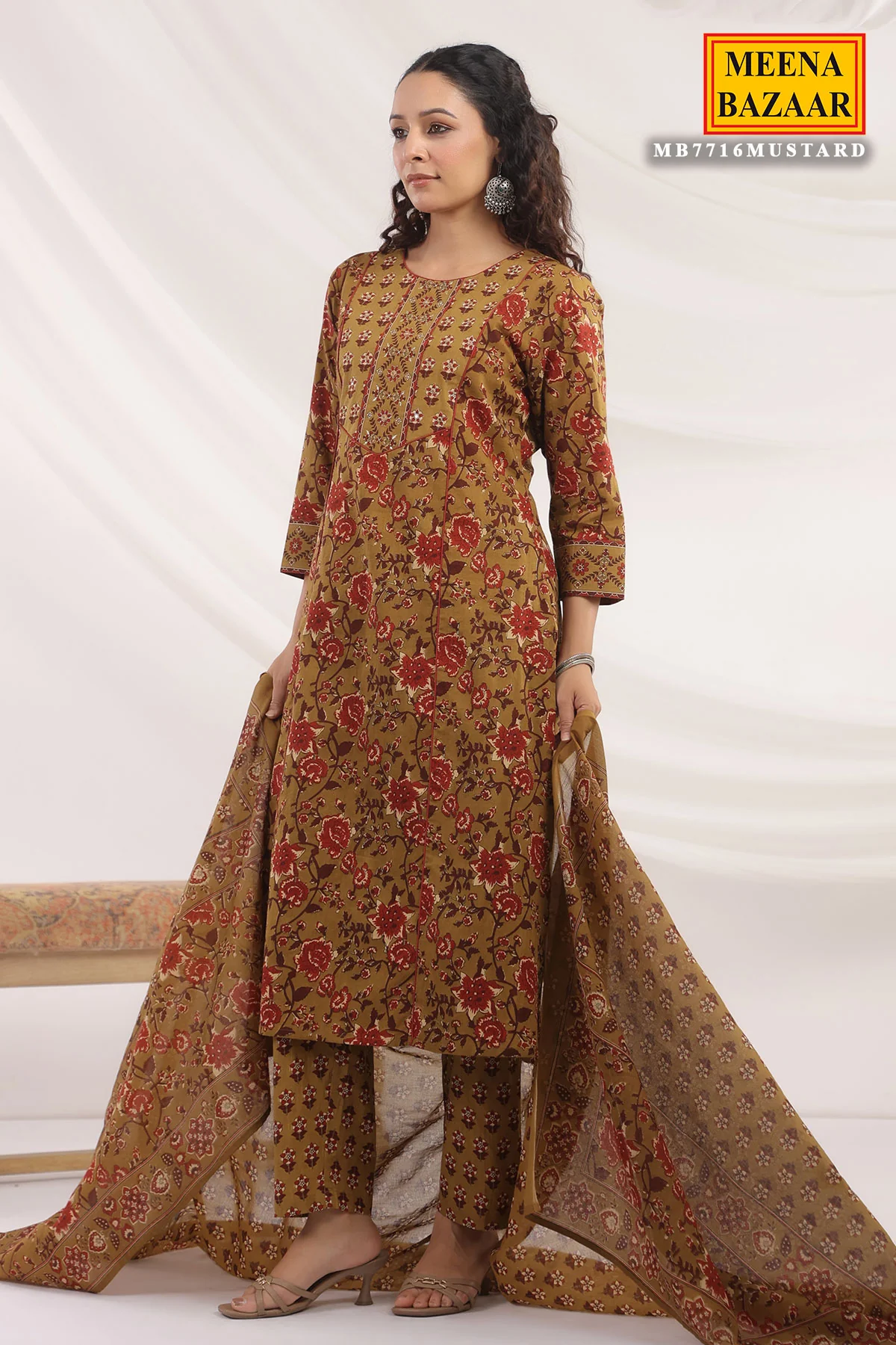 Mustard Cotton Ready Made Suit with Elegant Neck Design - Image 5