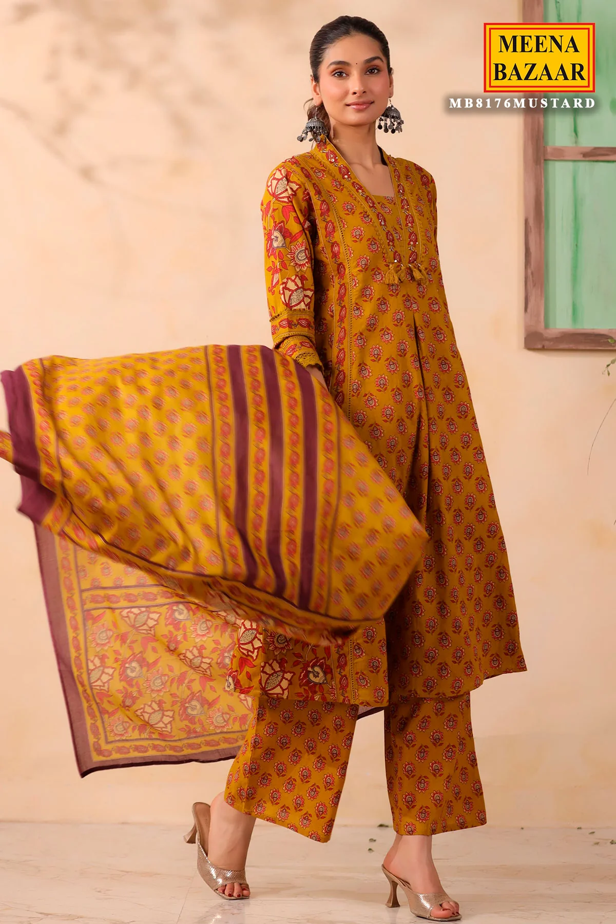 Mustard Cotton Ready Made Suit with Elegant Neck Embroidery - Image 2