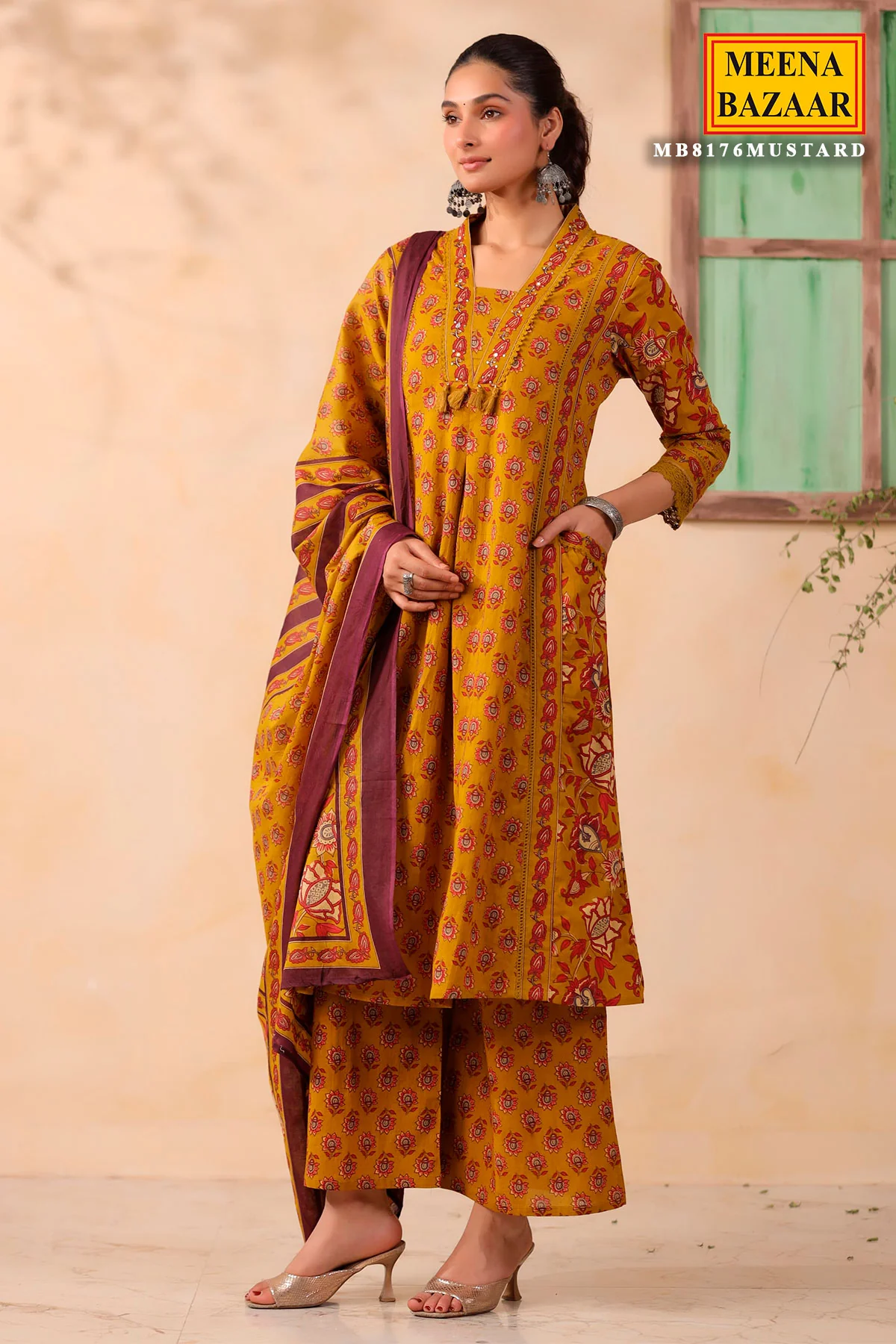 Mustard Cotton Ready Made Suit with Elegant Neck Embroidery - Image 3