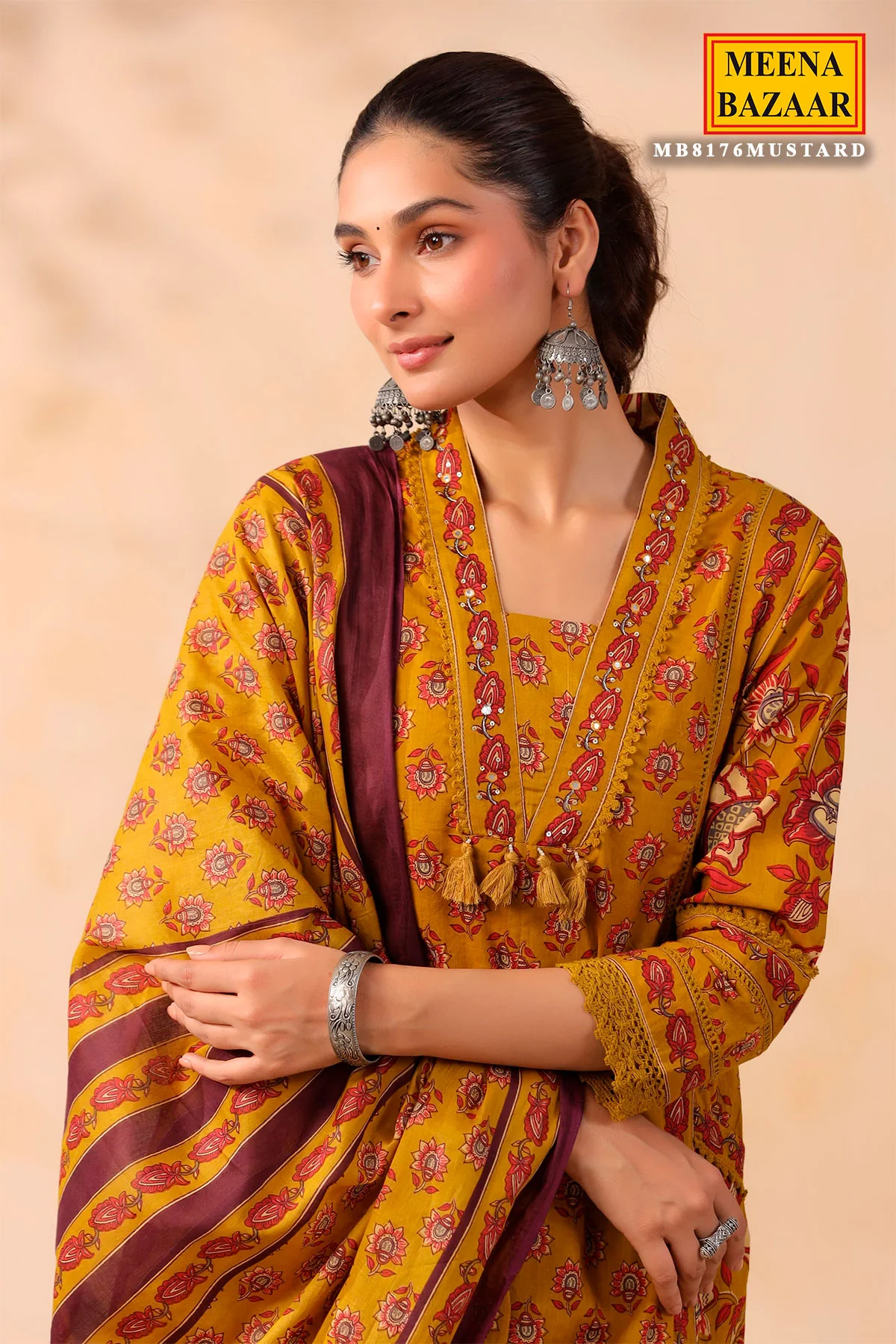 Mustard Cotton Ready Made Suit with Elegant Neck Embroidery - Image 4