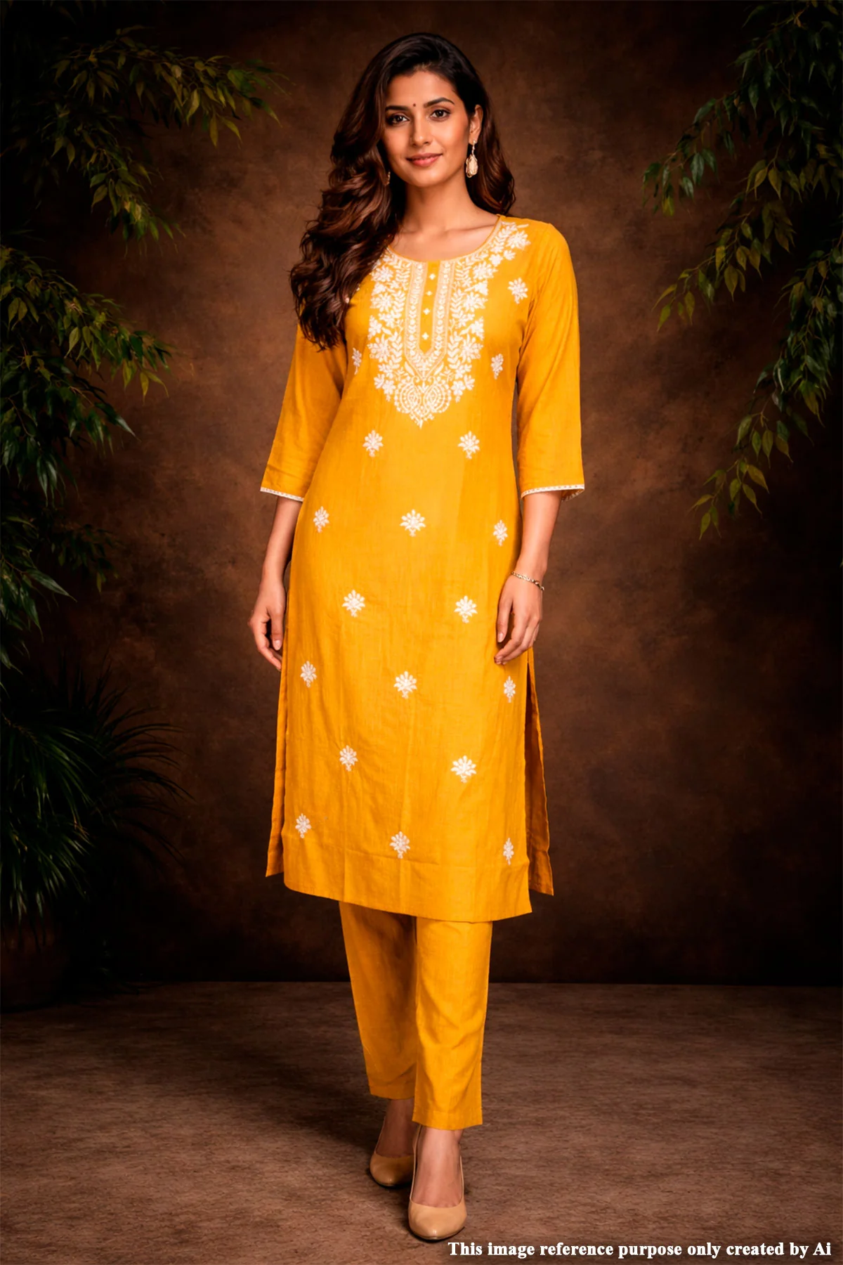 Mustard Cotton Ready-Made Suit with Elegant Neck Embroidery - Image 3