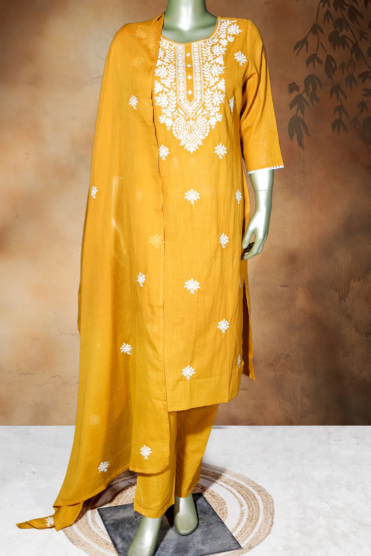 Mustard Cotton Ready-Made Suit with Elegant Neck Embroidery - Image 6