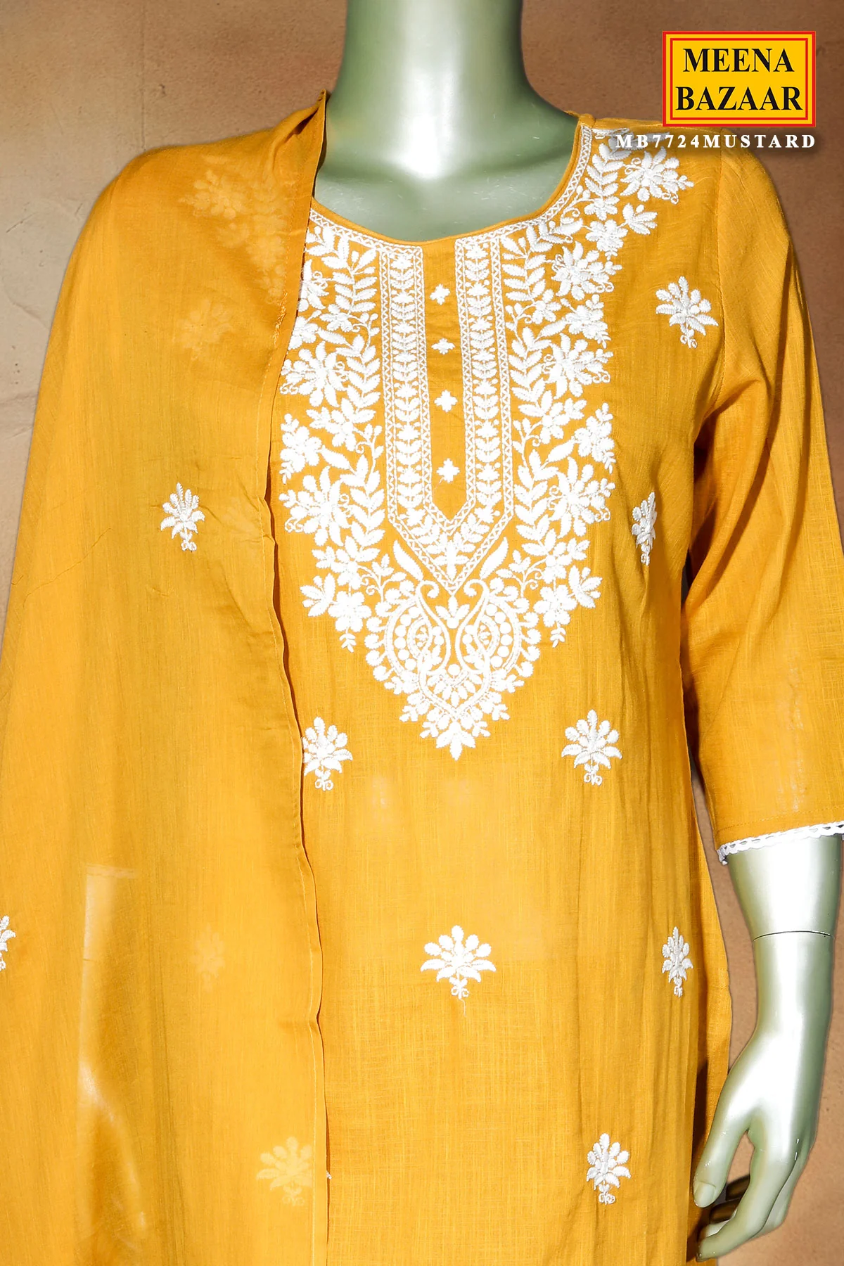 Mustard Cotton Ready-Made Suit with Elegant Neck Embroidery - Image 7