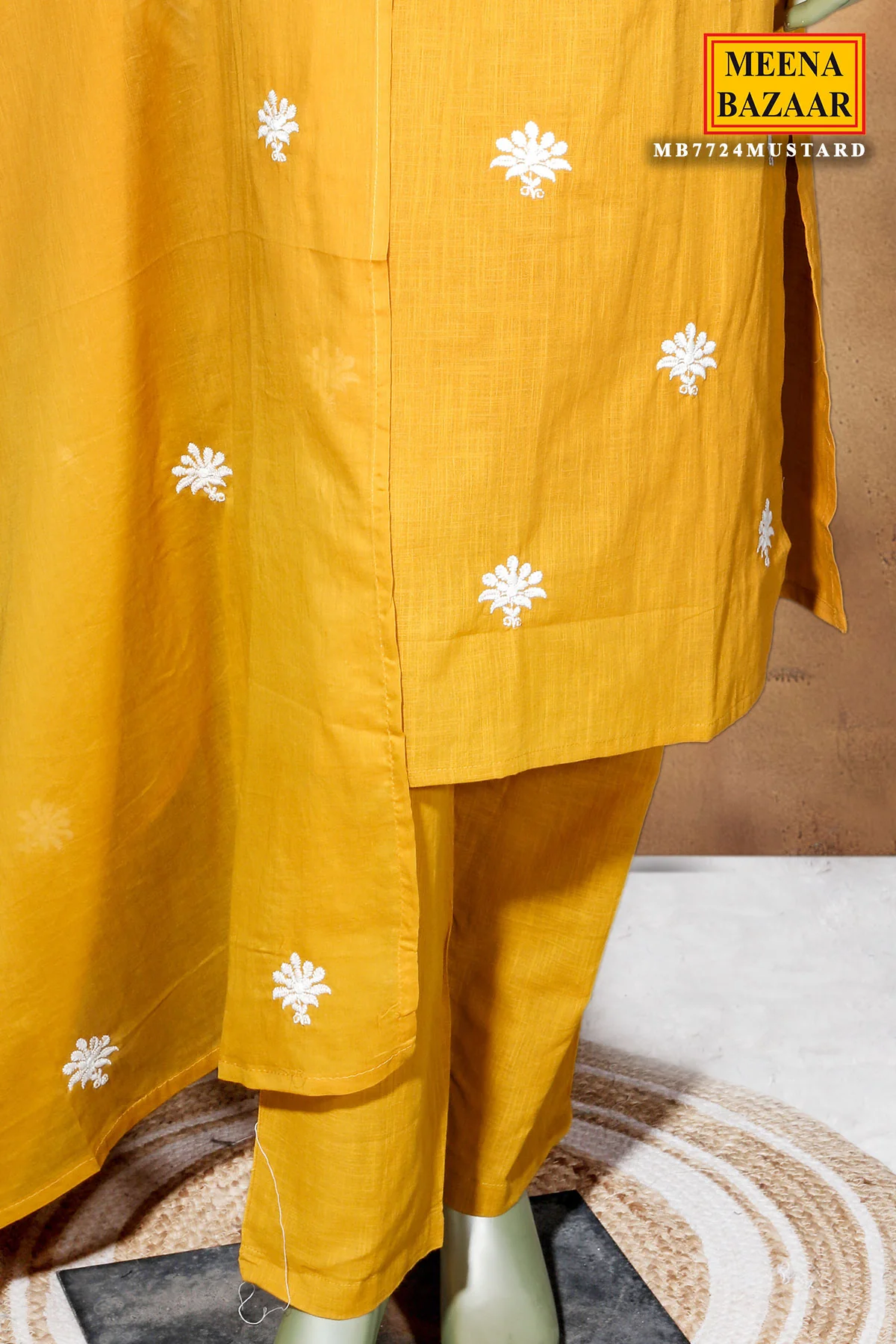 Mustard Cotton Ready-Made Suit with Elegant Neck Embroidery - Image 8