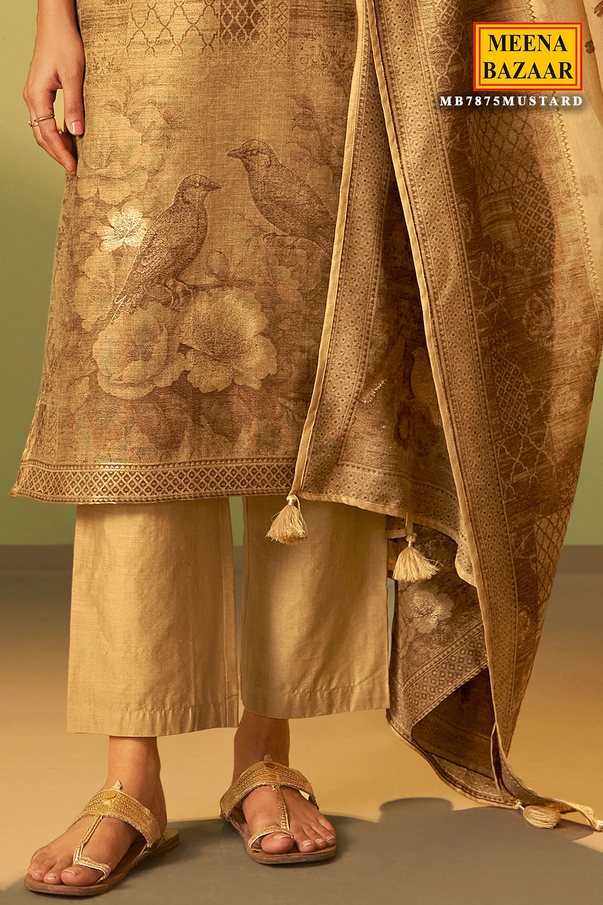 Mustard Cotton Ready Made Suit with Embroidered Neck - Image 3