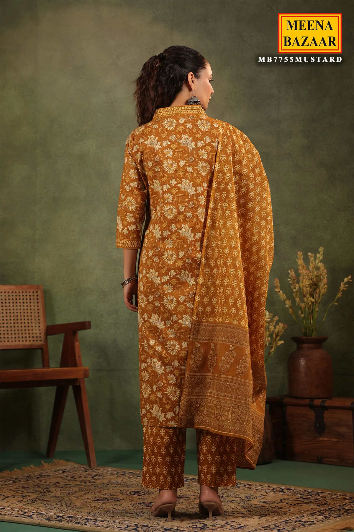Mustard Cotton Ready-made Suit with Embroidered Neck - Image 10