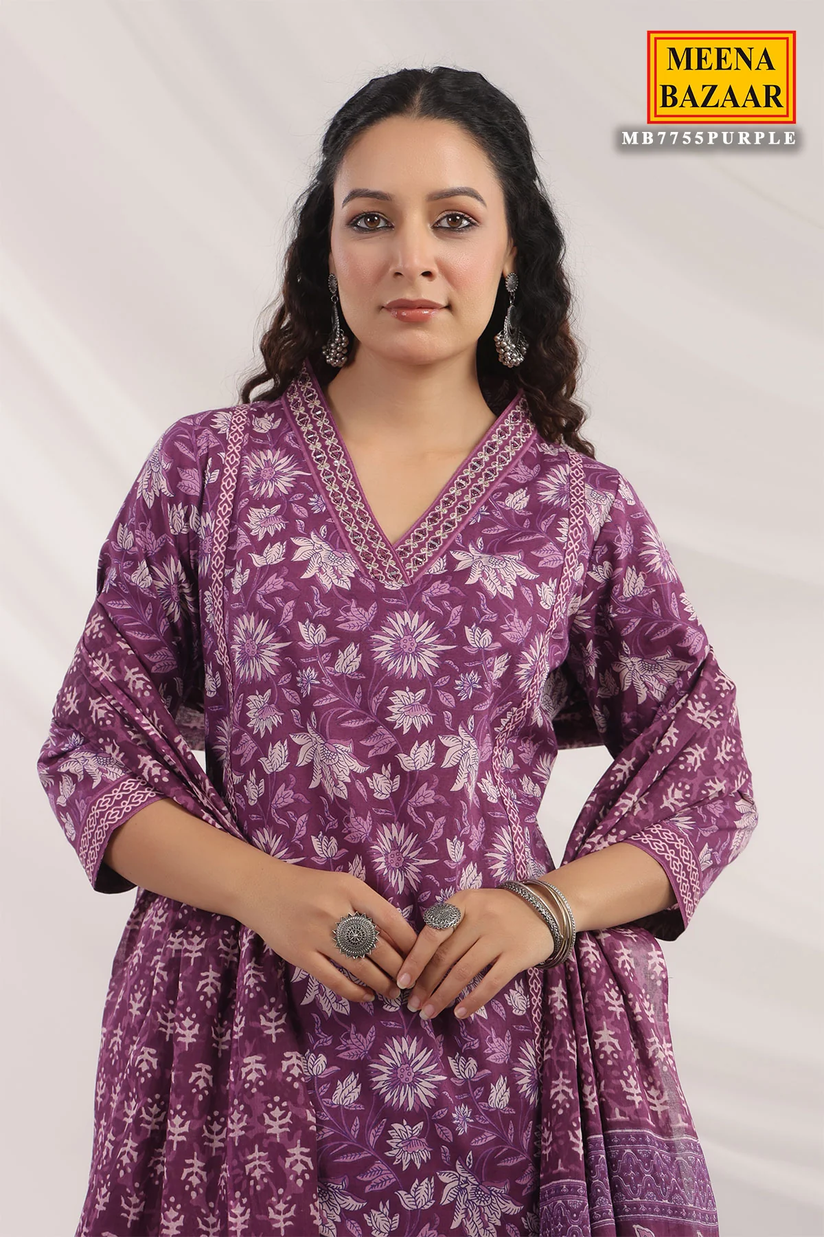 Purple Cotton Ready made Suit with Embroidered Neck - Image 3