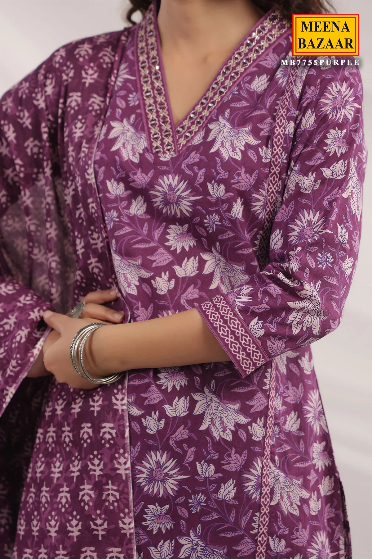 Purple Cotton Ready made Suit with Embroidered Neck - Image 4