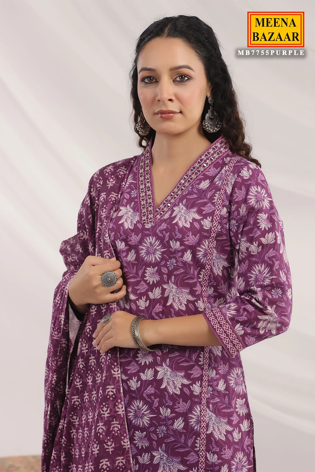 Purple Cotton Ready made Suit with Embroidered Neck - Image 5
