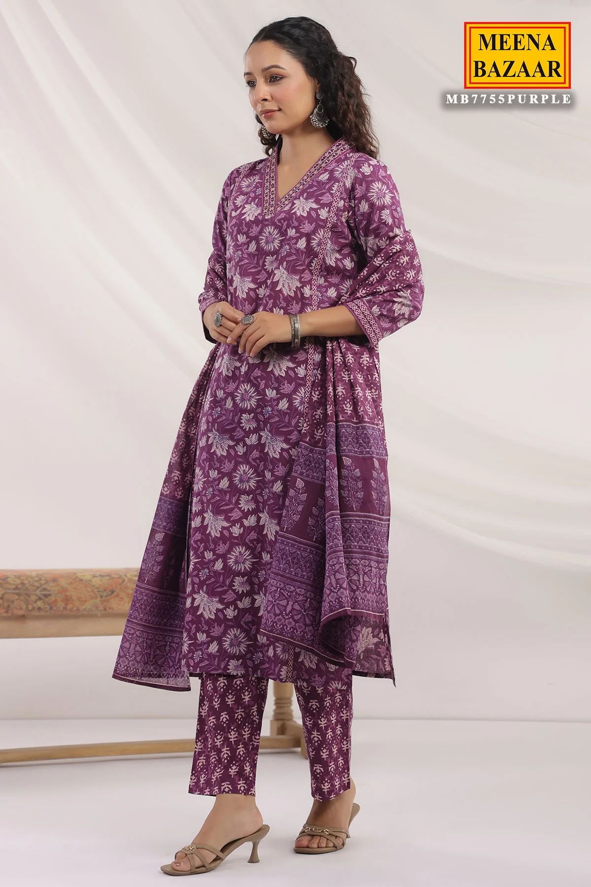 Purple Cotton Ready made Suit with Embroidered Neck - Image 6