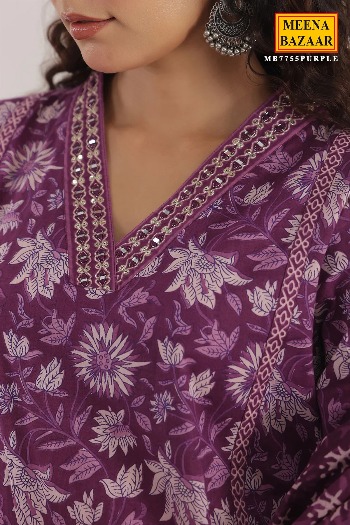 Purple Cotton Ready made Suit with Embroidered Neck - Image 8