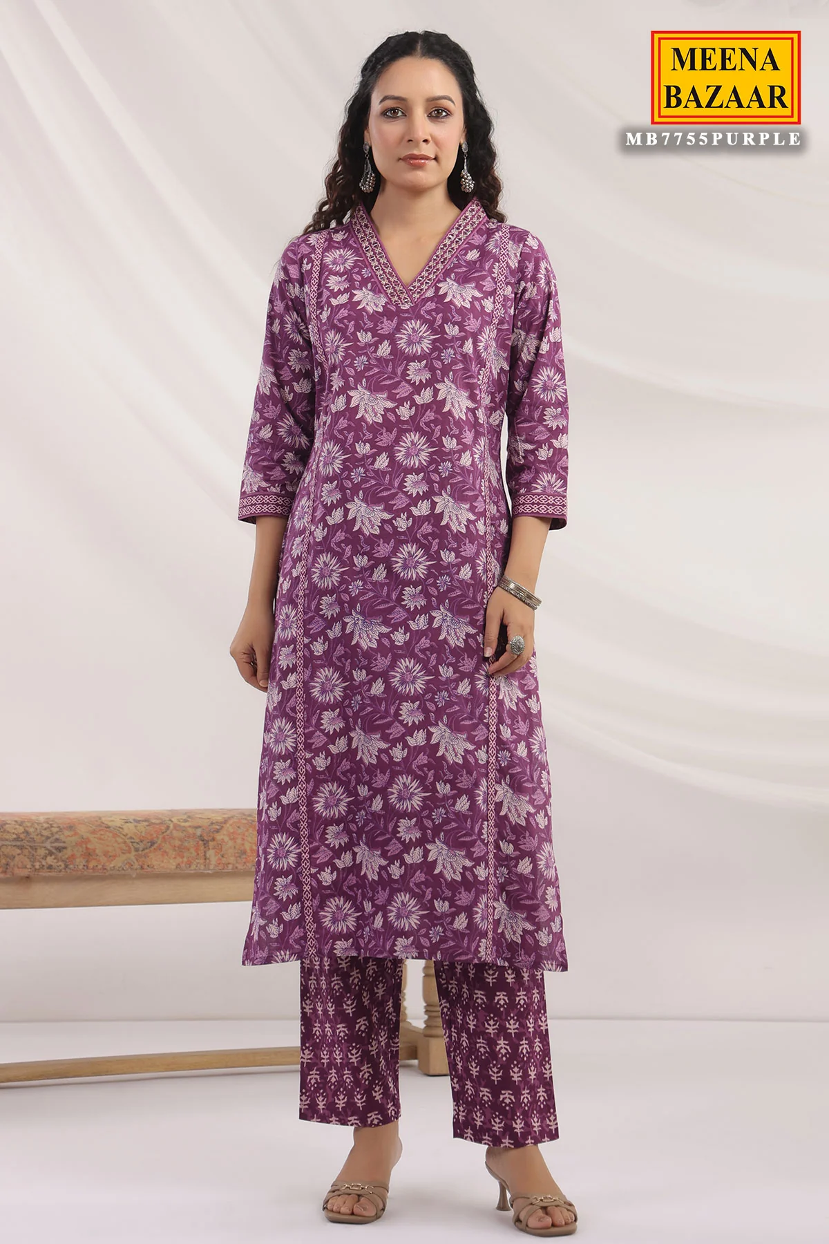 Purple Cotton Ready made Suit with Embroidered Neck - Image 9