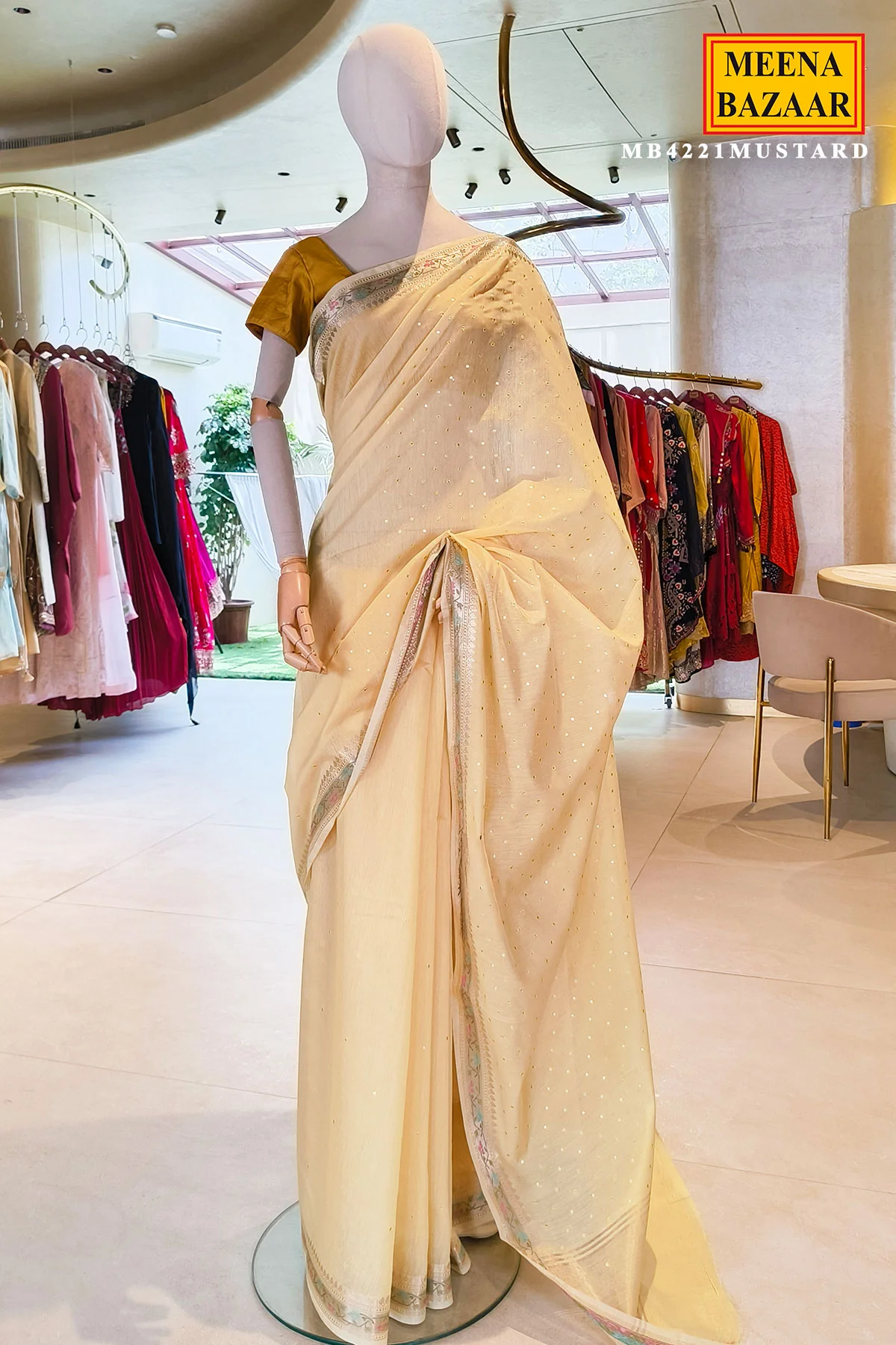 Mustard Cotton Saree with Intricate Mirror Work for Festive & Ethnic Wear - Image 2