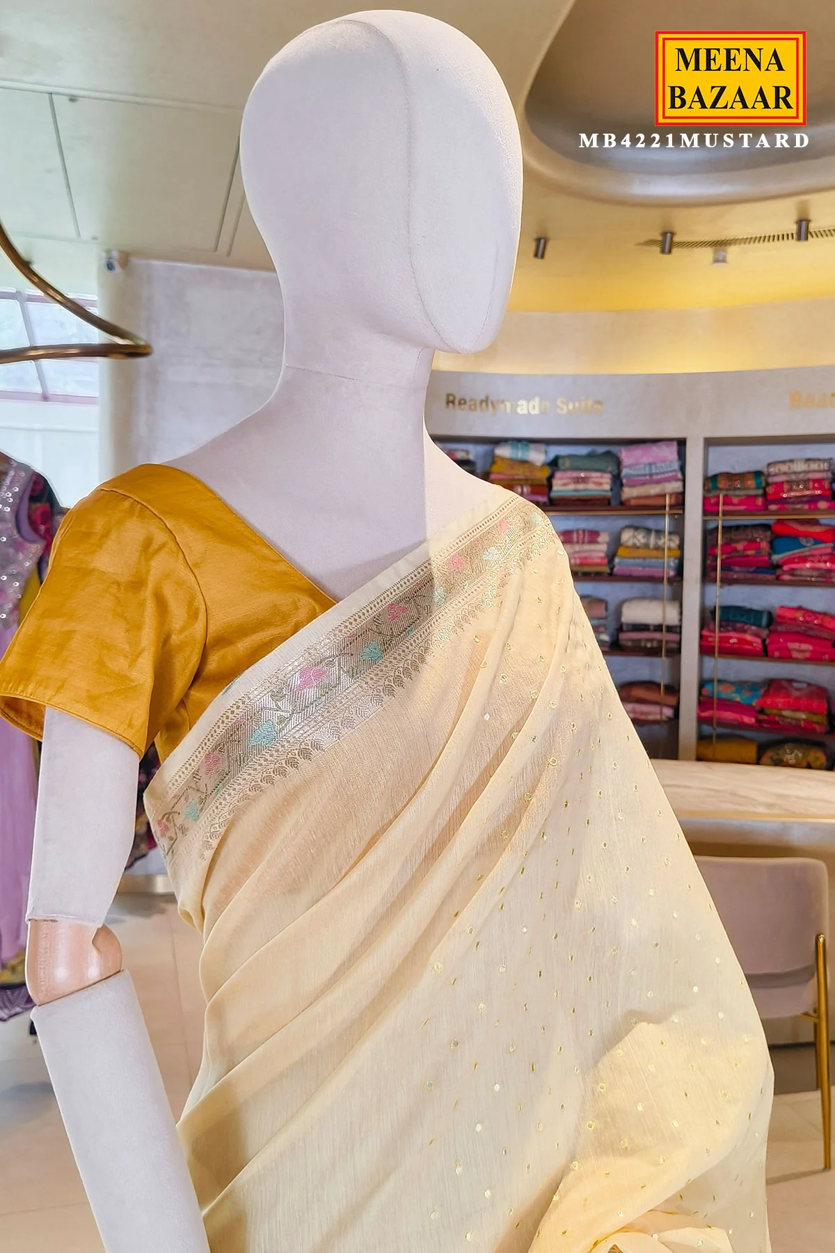 Mustard Cotton Saree with Intricate Mirror Work for Festive & Ethnic Wear - Image 3