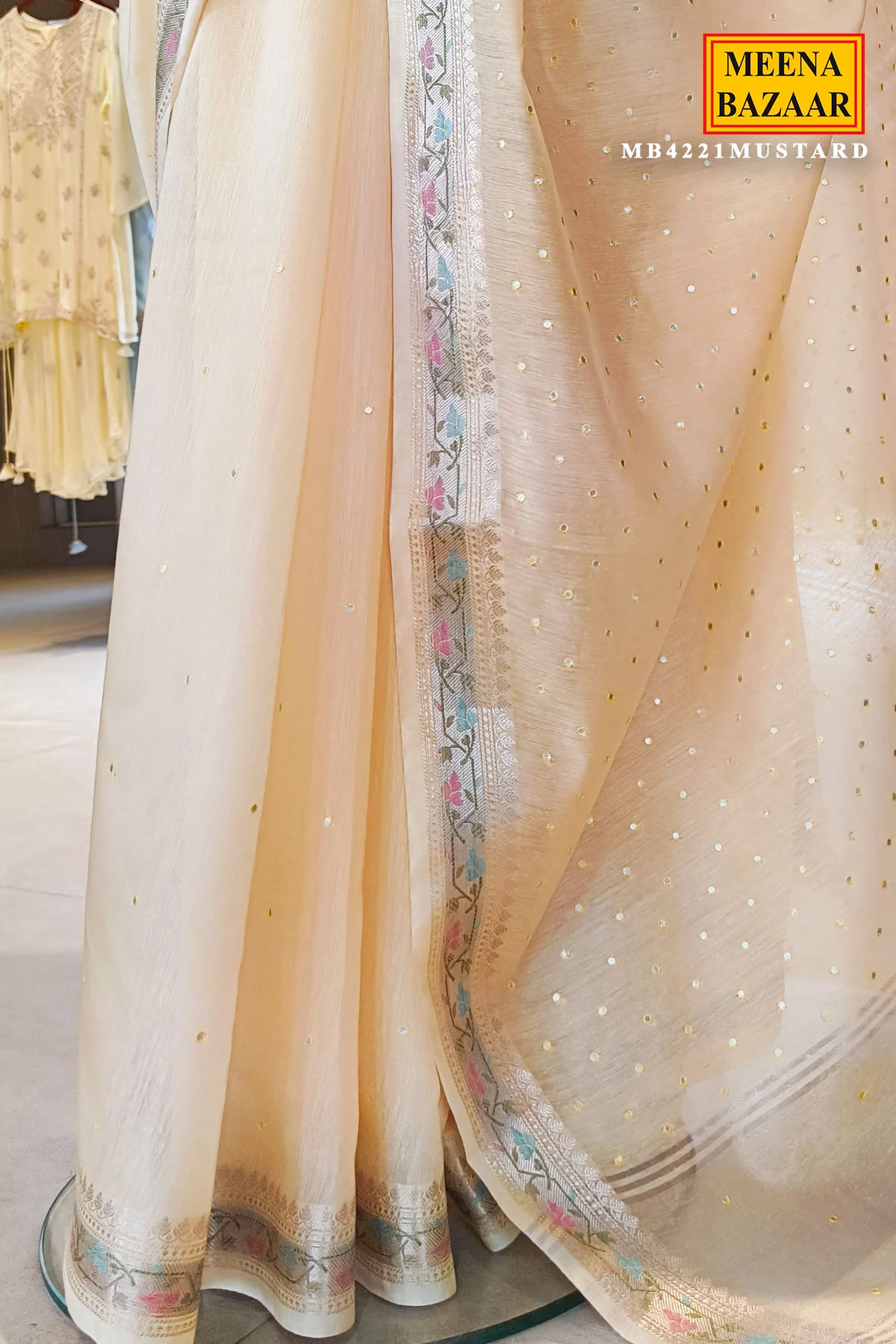 Mustard Cotton Saree with Intricate Mirror Work for Festive & Ethnic Wear - Image 5