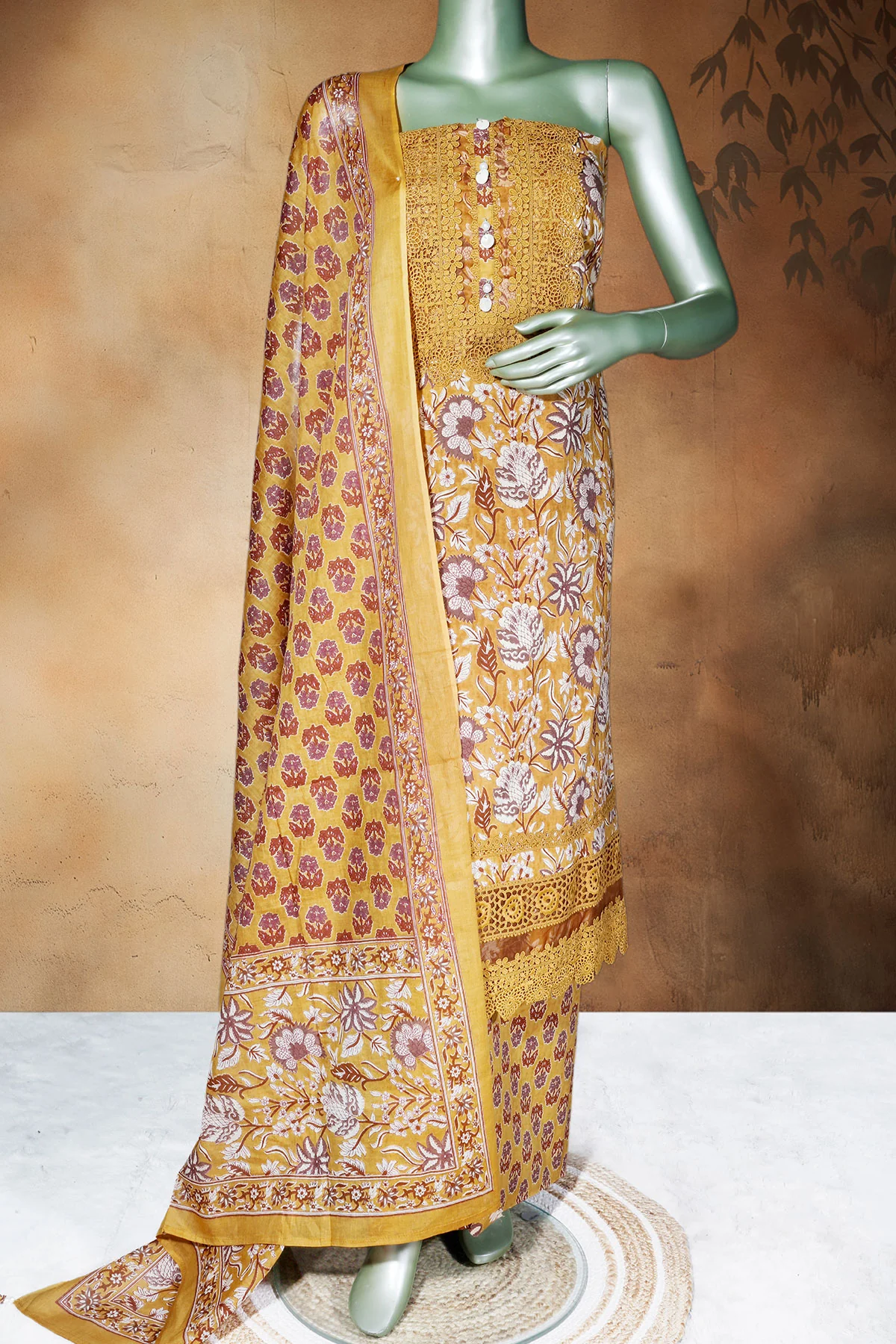 Mustard Cotton Unstitched Suit with Elegant Embroidery - Image 4