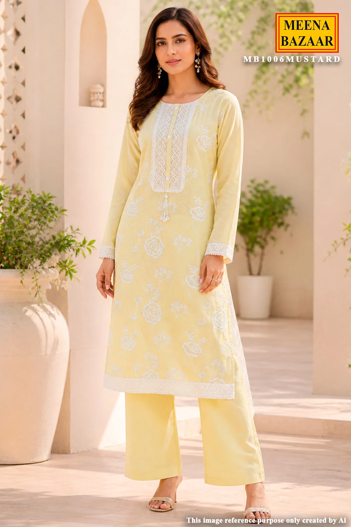 Mustard Embroidered Chanderi Unstitched Suit Set with Dupatta for Women - Image 2