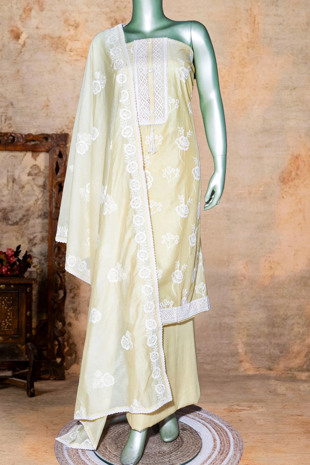 Mustard Embroidered Chanderi Unstitched Suit Set with Dupatta for Women - Image 3