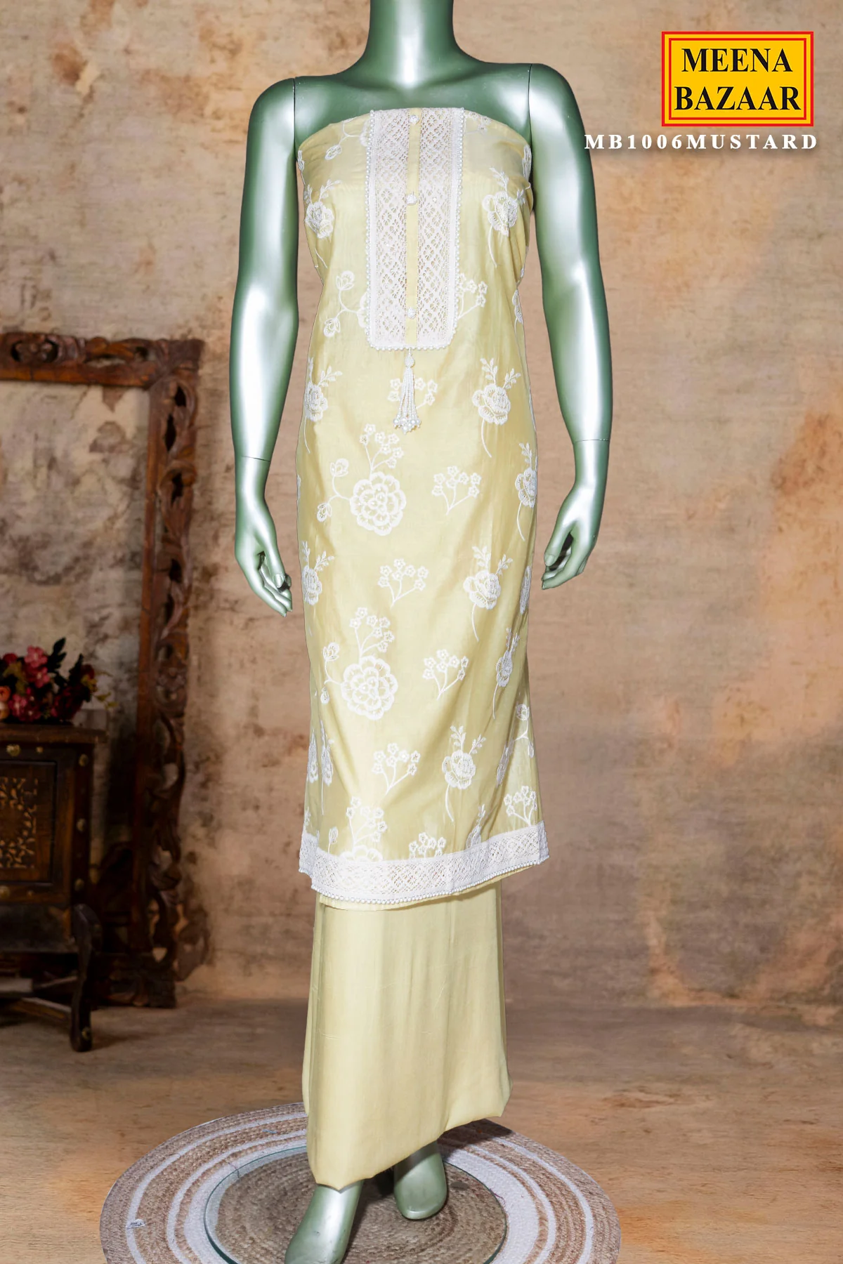 Mustard Embroidered Chanderi Unstitched Suit Set with Dupatta for Women - Image 4