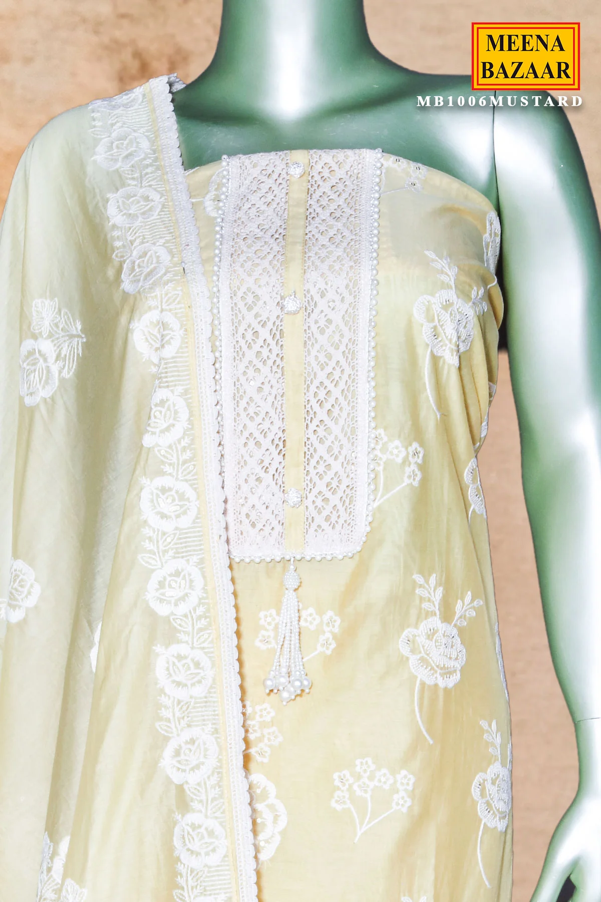 Mustard Embroidered Chanderi Unstitched Suit Set with Dupatta for Women - Image 5