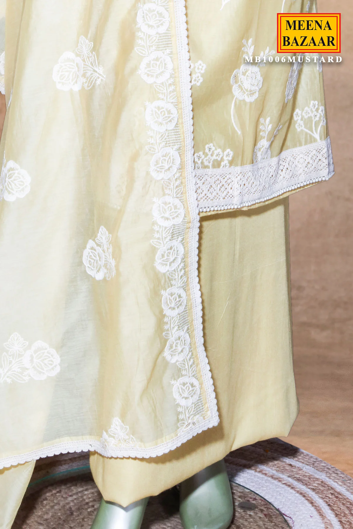 Mustard Embroidered Chanderi Unstitched Suit Set with Dupatta for Women - Image 6
