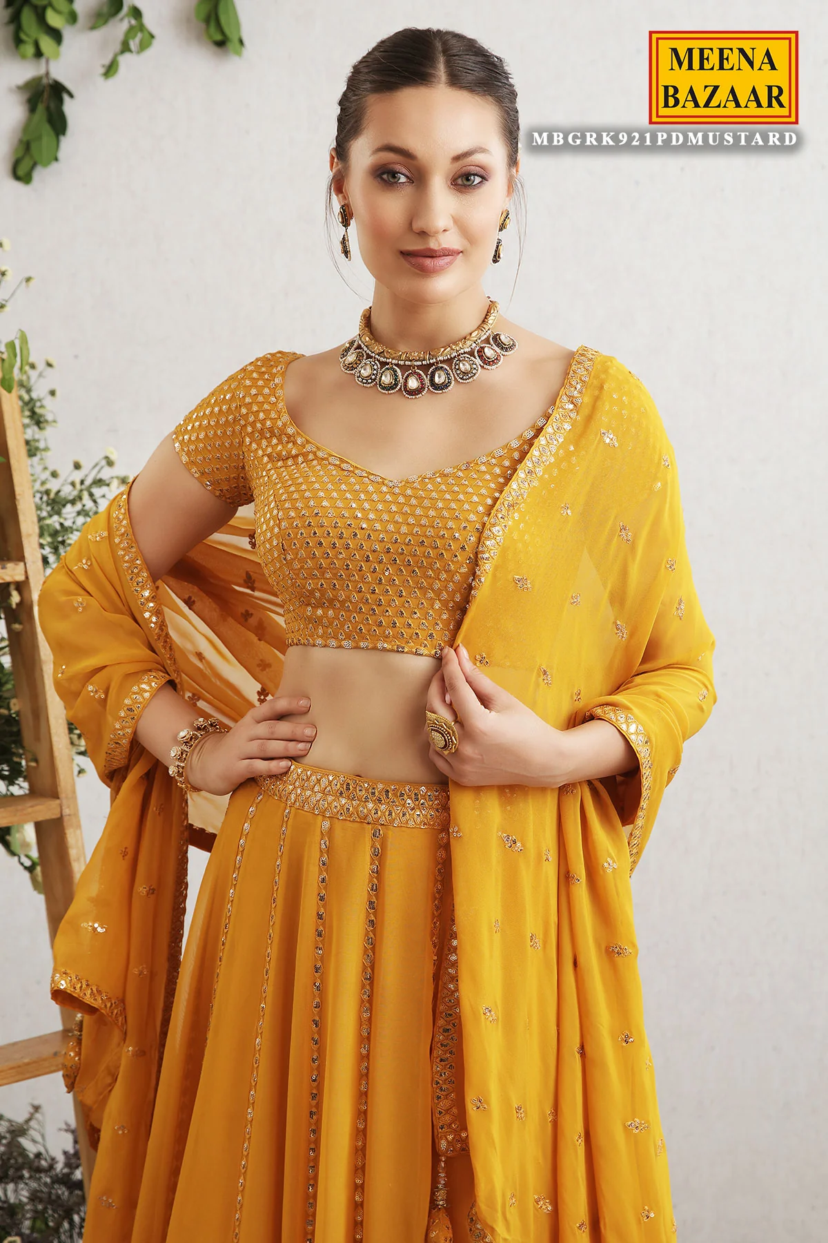 Mustard Embroidered Georgette Lehenga - Image 3