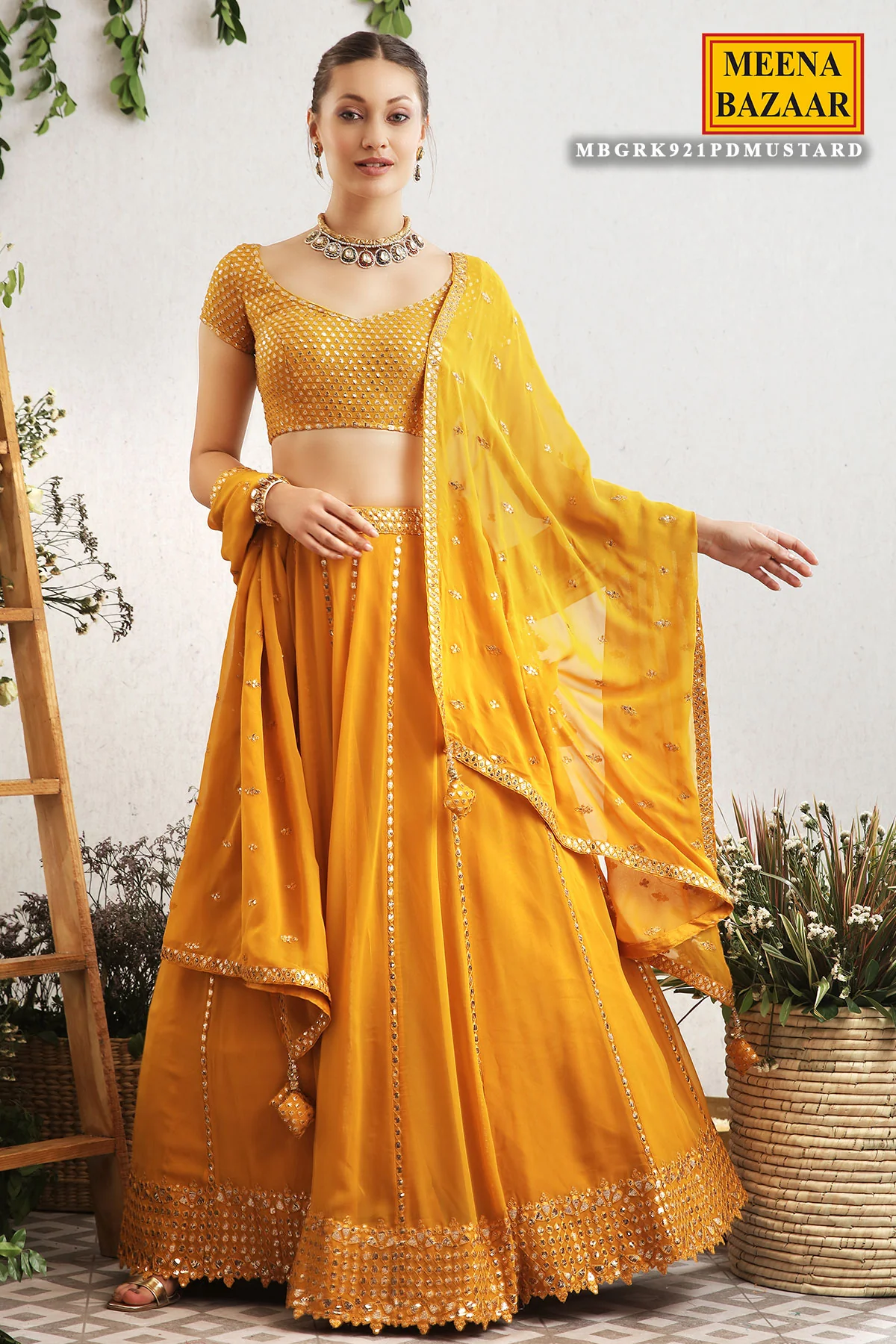 Mustard Embroidered Georgette Lehenga - Image 4