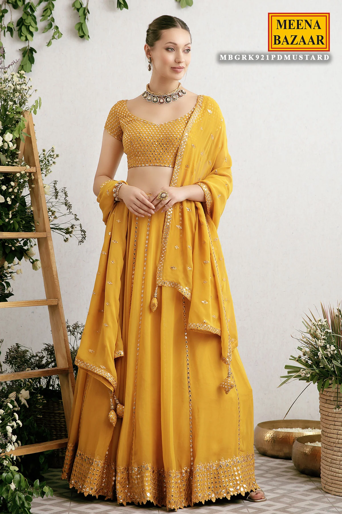 Mustard Embroidered Georgette Lehenga - Image 5