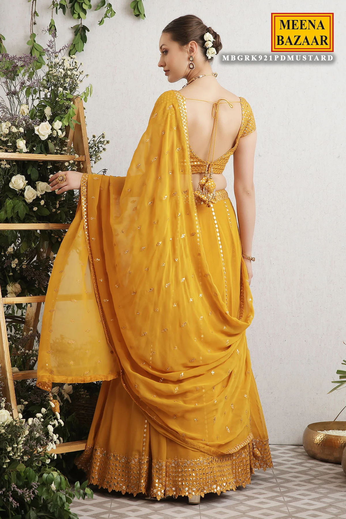 Mustard Embroidered Georgette Lehenga - Image 6