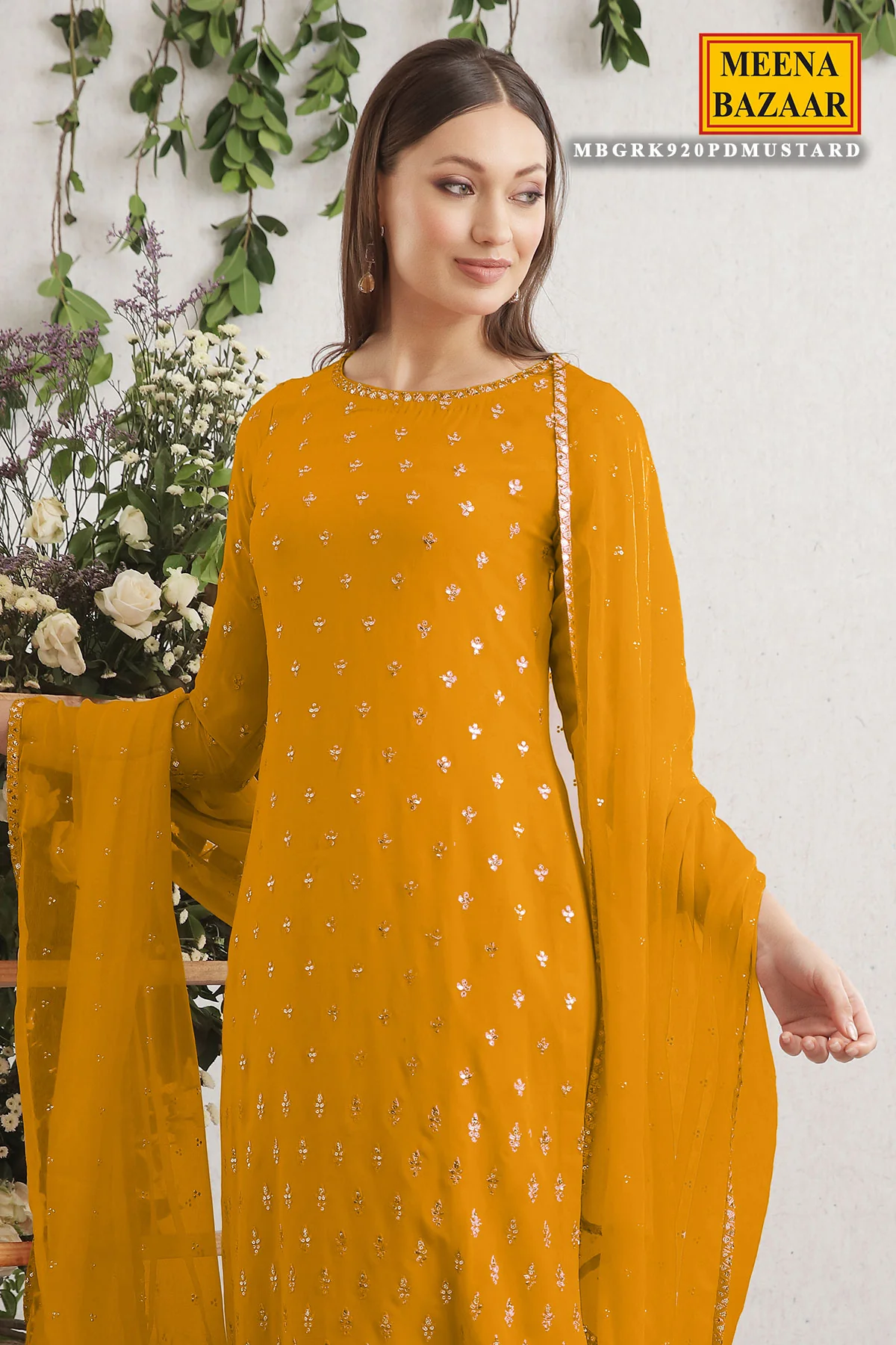 Mustard Embroidered Georgette Unstitched Suit - Image 3