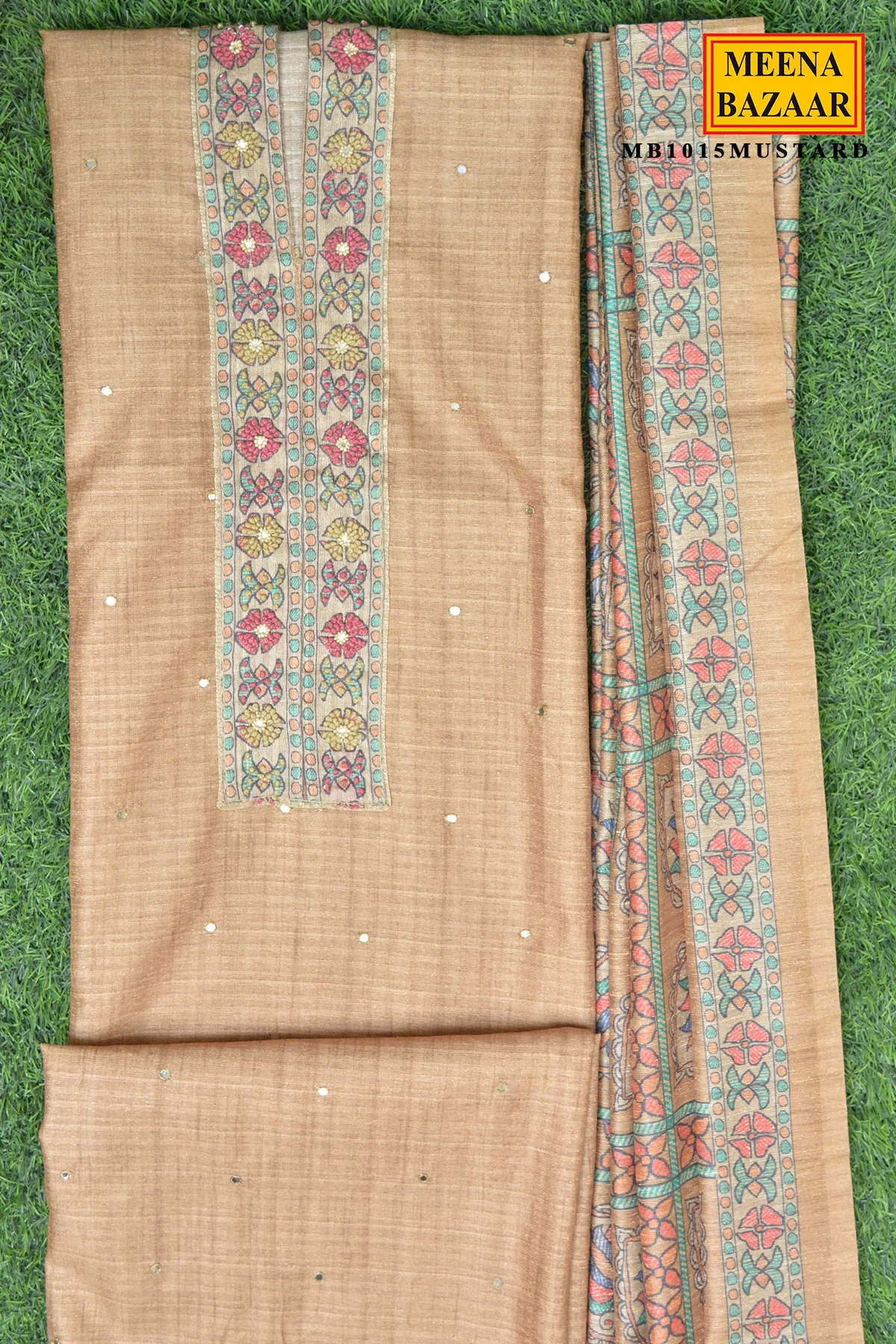 Mustard Embroidered Suit Set with Dupatta - Image 3