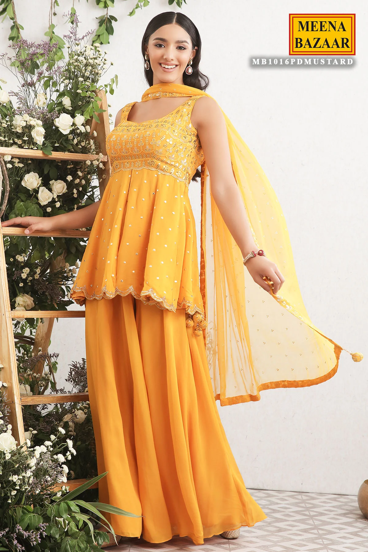 Mustard Georgette Embroidered Sharara Suit - Image 4