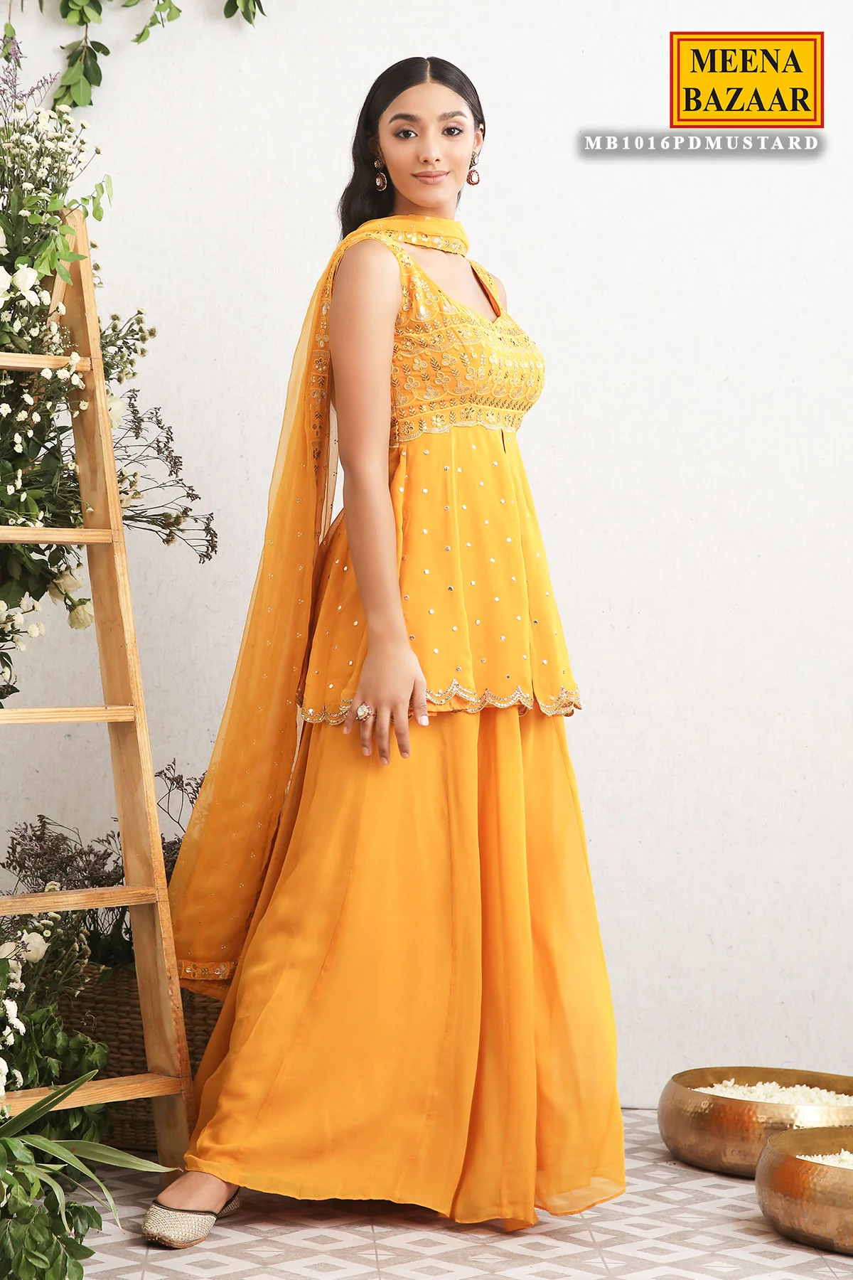 Mustard Georgette Embroidered Sharara Suit - Image 5