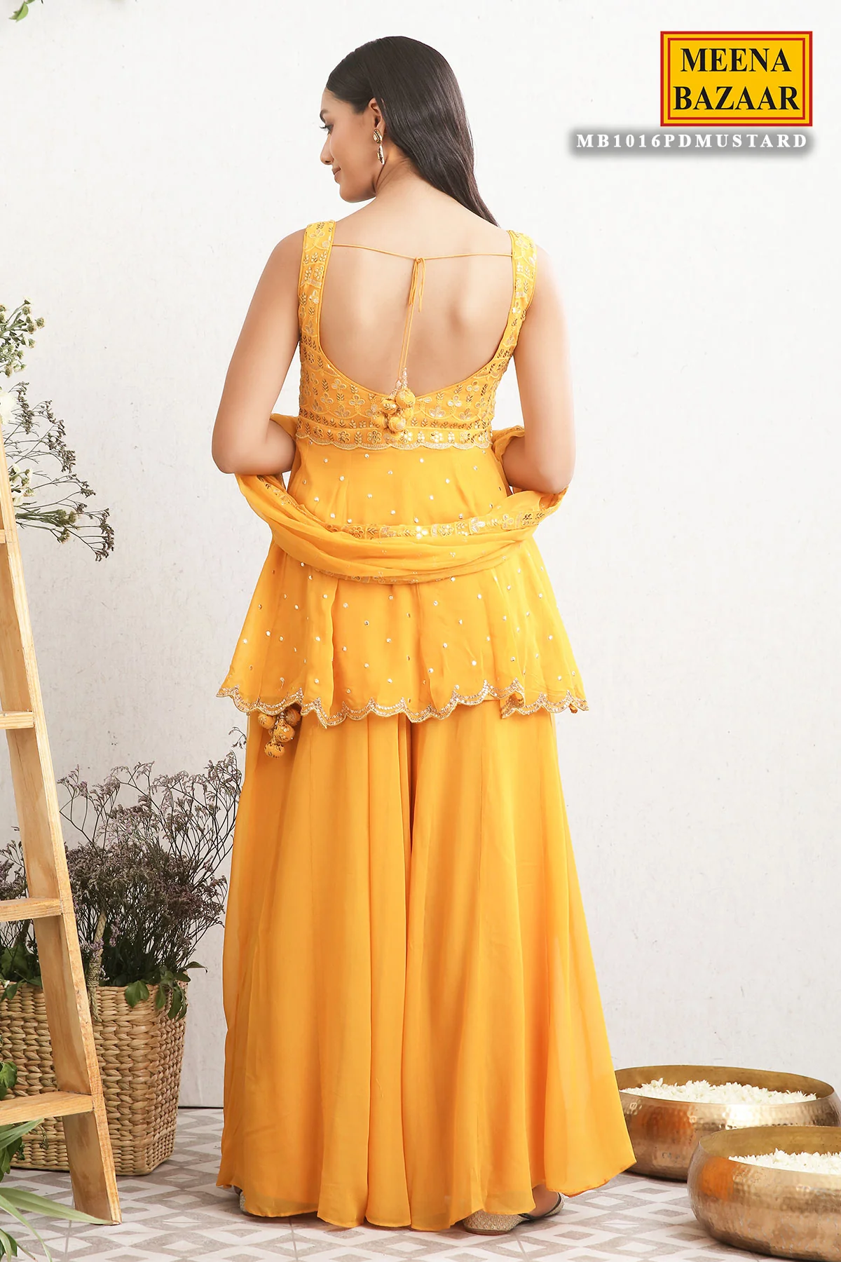 Mustard Georgette Embroidered Sharara Suit - Image 6