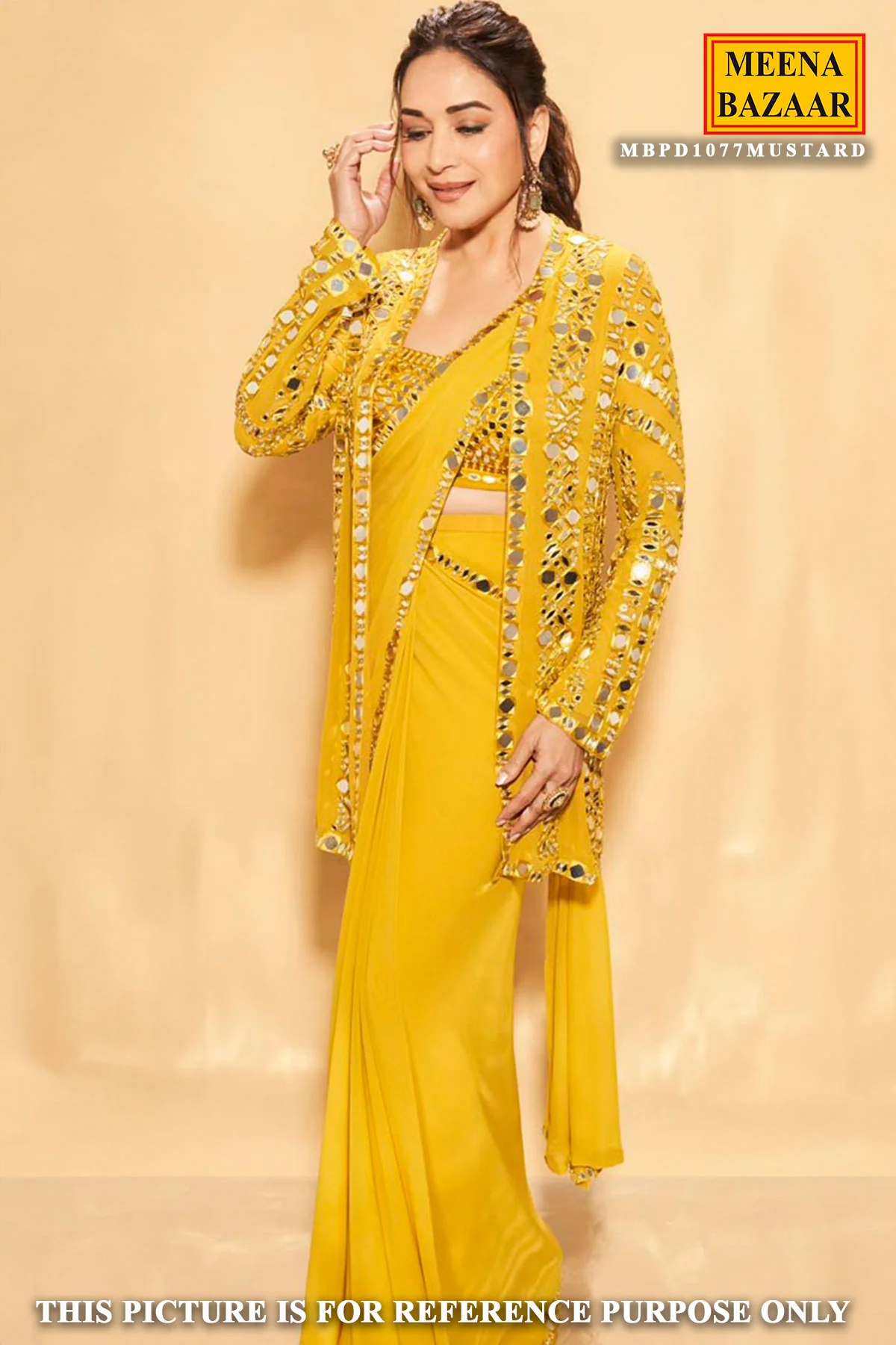 Mustard Georgette Mirror Work Pre Stitched Saree With Jacket - Image 3